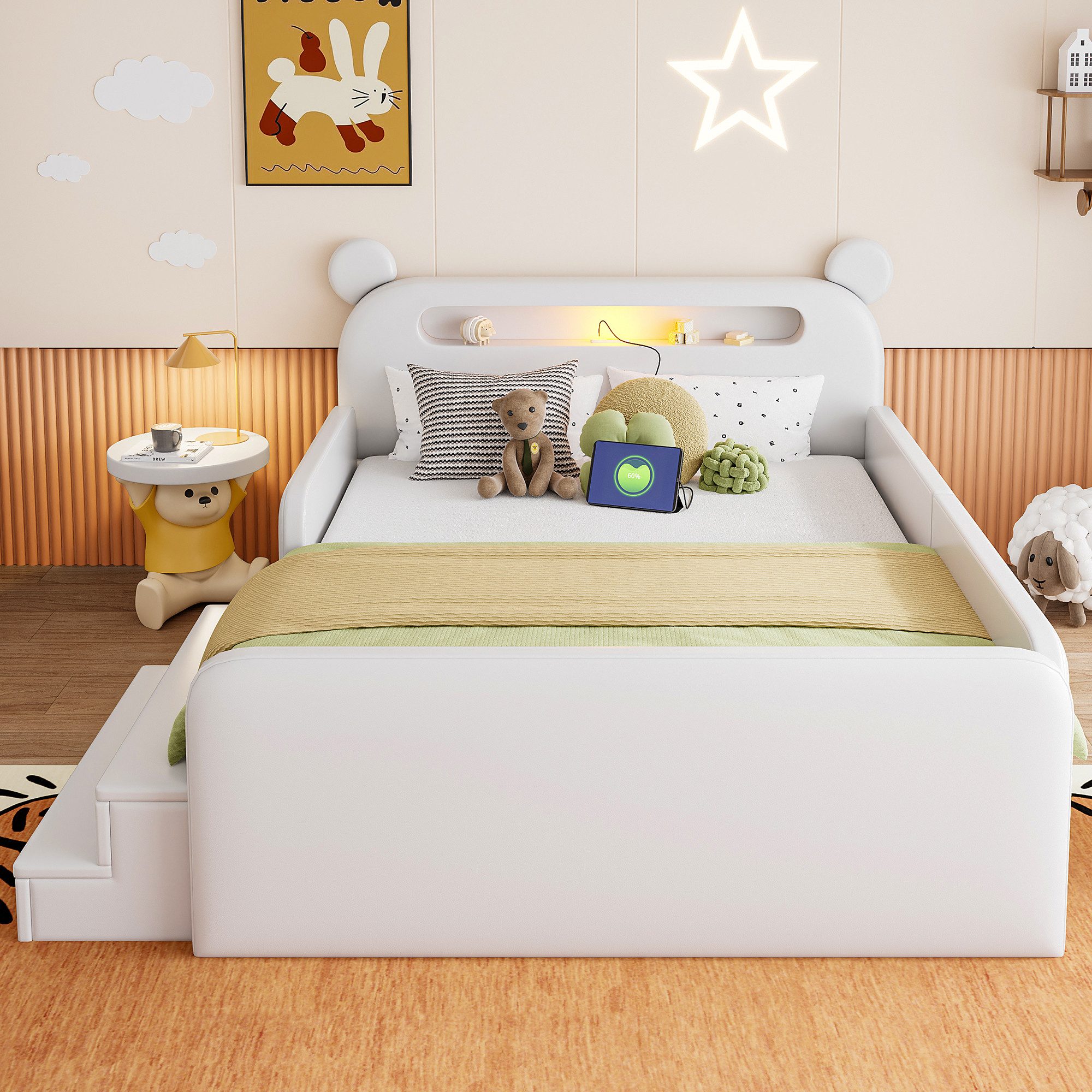 Flieks Polsterbett, Kinderbett 140x200cm mit Bären-Kopfteil Nachtlicht USB-Laden Schublade