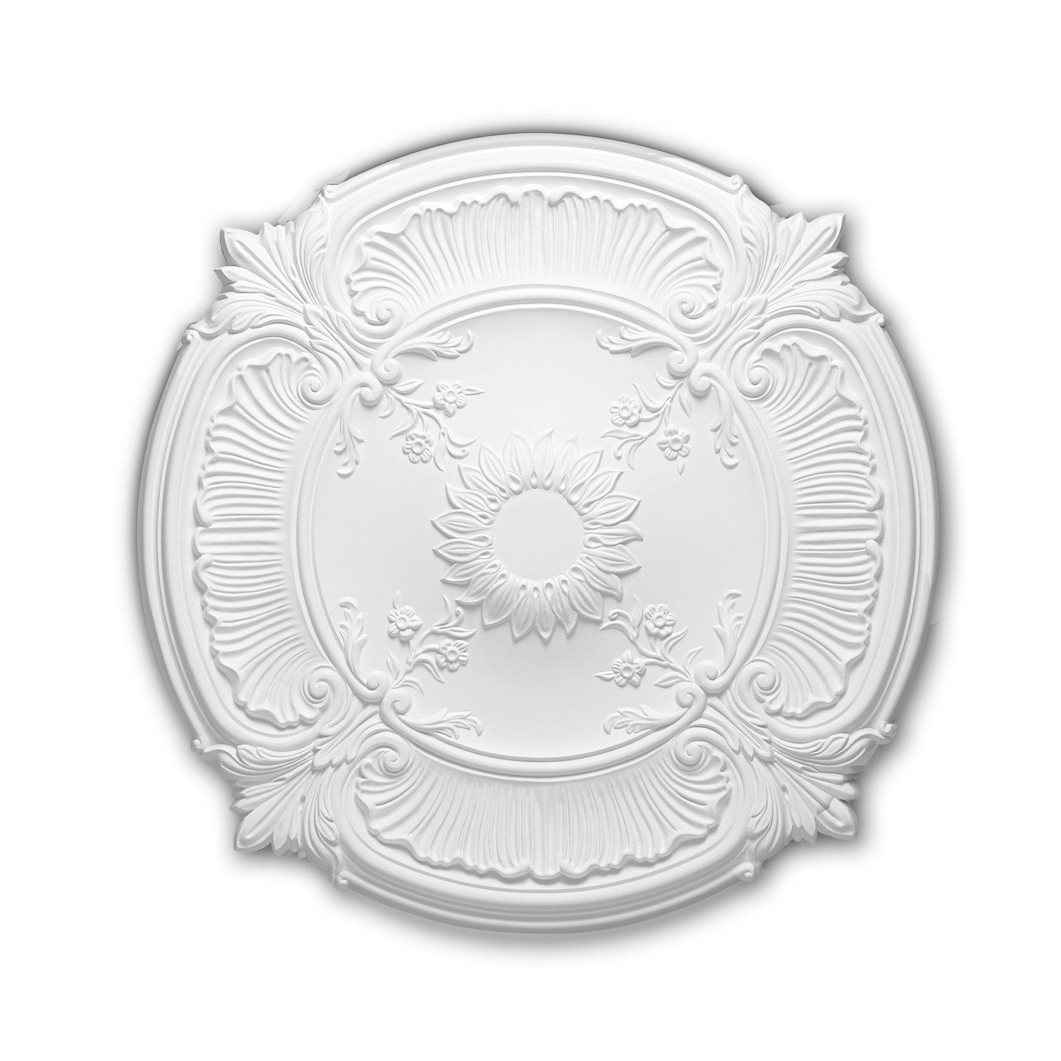 Profhome Decken-Rosette 156026 Rosette aus Polyurethan Deckenrosette Zierelement Ø 77,0 cm (Rosette, 1 St., Deckenrosette, Medallion, Stuckrosette, Deckenelement, Zierelement), weiß, vorgrundiert, Stil: Neo-Renaissance