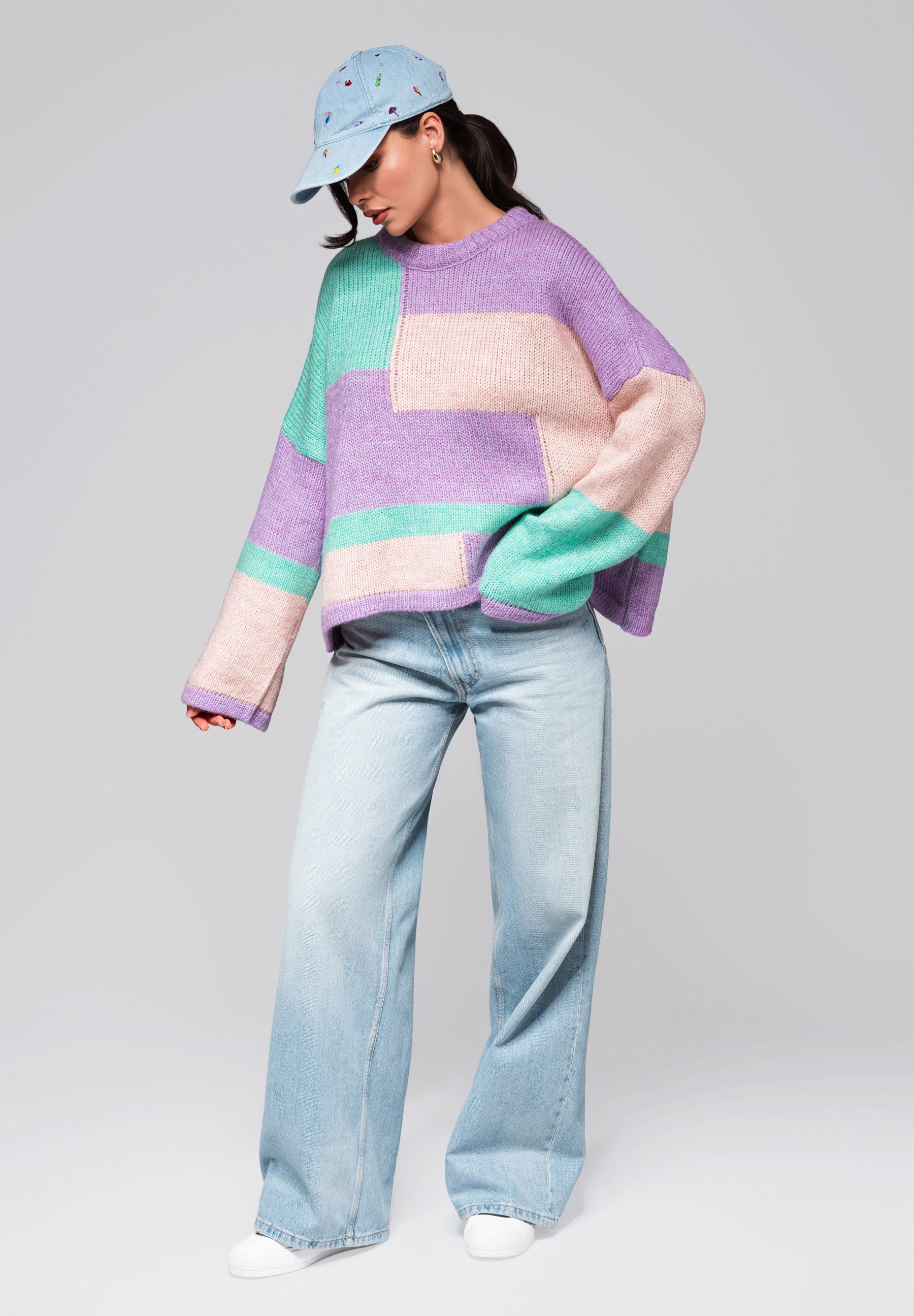 OMBRE Rundhalspullover Farbblock-Pullover mit Pastelltönen