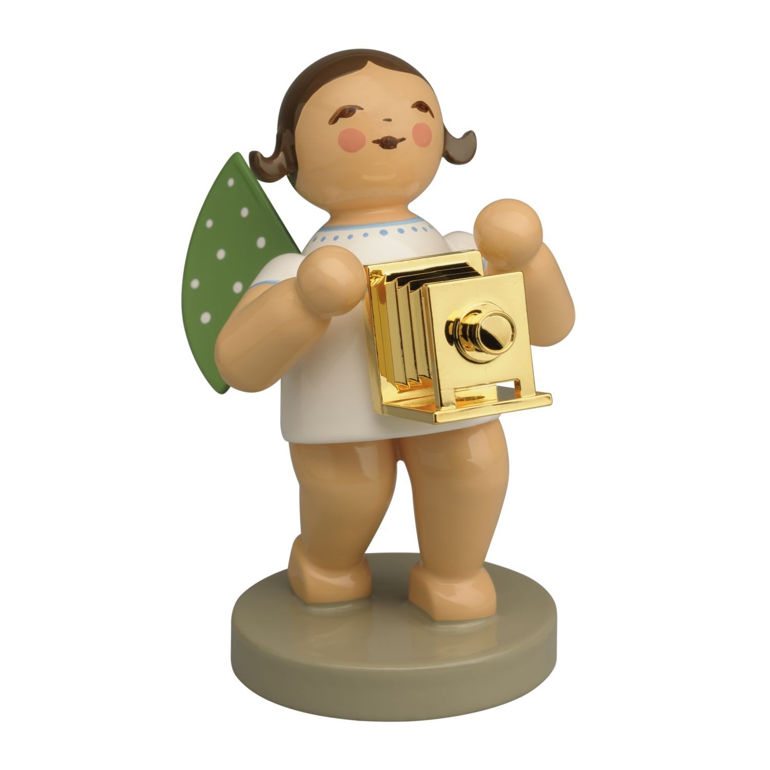 Wendt & Kühn Weihnachtsfigur Goldedition No 19 Chronist Engel mit Kamera Vergoldet 650/302, Haarfarbe zufällig blond oder braunhaarig