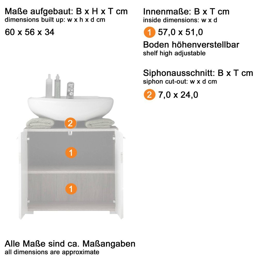 Lomadox Waschbeckenunterschrank Remo ODRA-19 Nb., mit Weiß 60/56/34 hell in cm ca. Eiche San B/H/T: Hochglanz