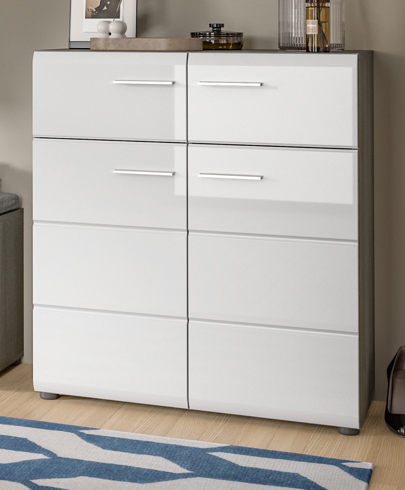 Inn.Furn Schuhkommode Rumba (Flurkommode in Weiß Hochglanz und Grau, 2 Türen und 2 Schubladen, 80 x 90 cm), viel Stauraum und Vollauszug