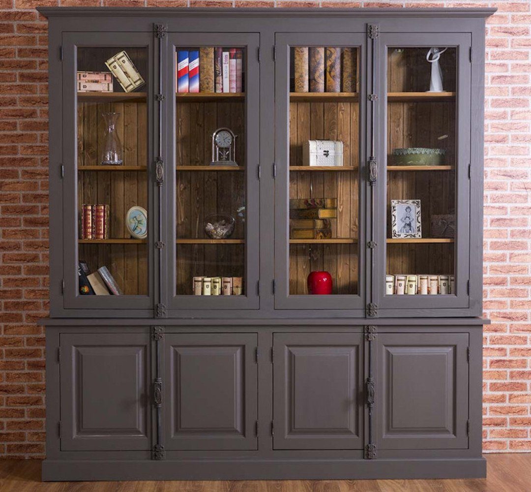 Bücherwand aus Massivholzmoebel-Becker Wohnzimmer - Bücherschrank Vitrine, Schrank Großer Geschirrschrank, 2-teilig Anthrazit Massivholz