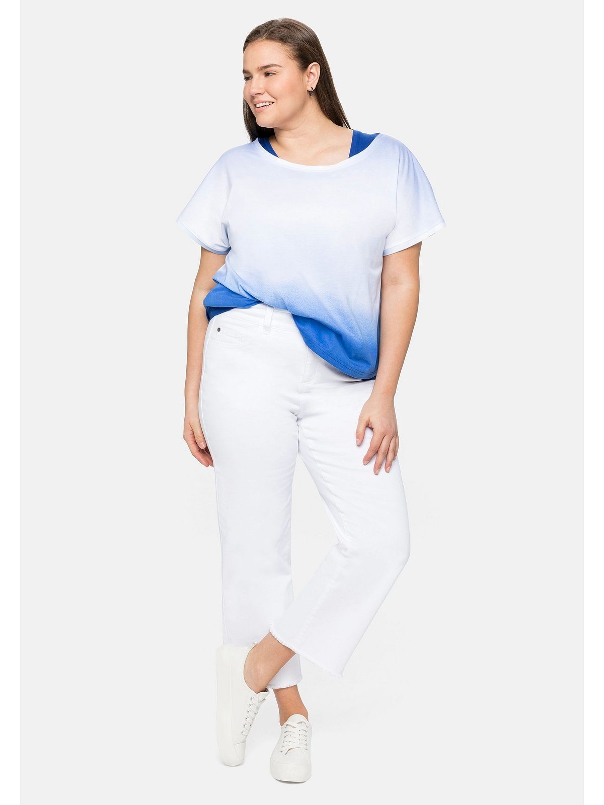 Damen Tops Sheego Tanktop Shirt und Shirt im Lagenlook, in gebatikter Optik