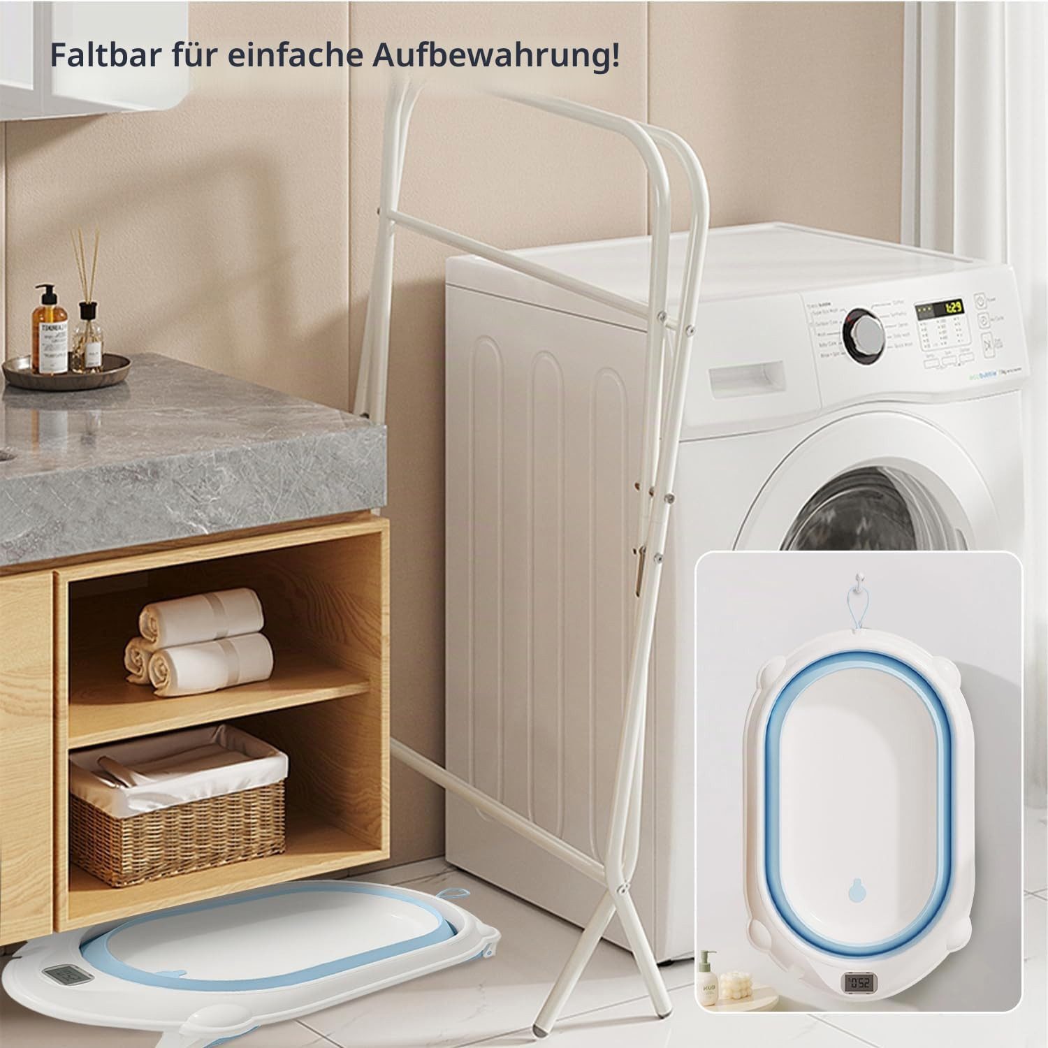 Athlix Babybadewanne 3-in-1 faltbare Babybadewanne mit Ständer, mit Thermometer, Badekissen, vielseitig einsetzbar für Neugeborene bis Kleinkinder
