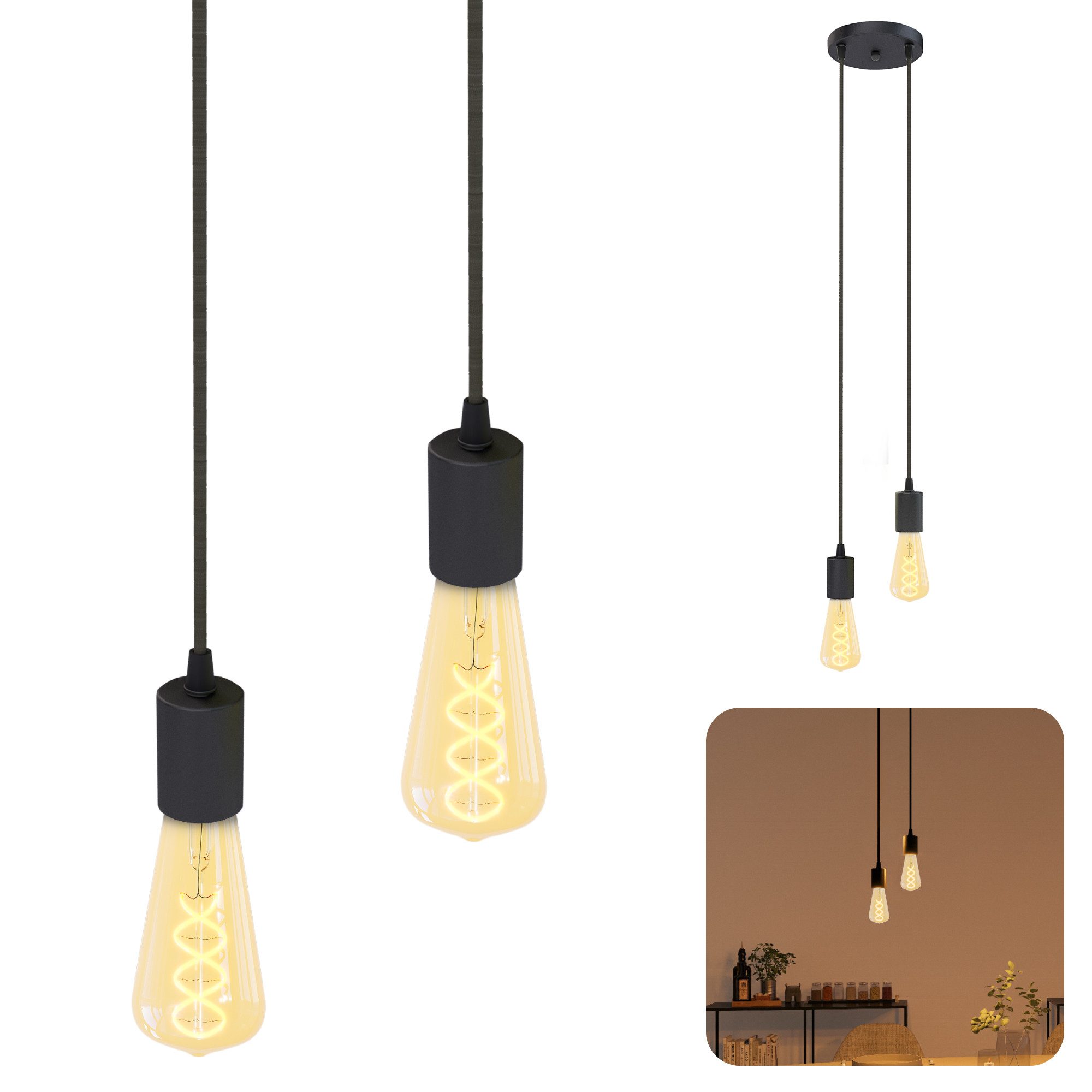 SSC-LUXon LED-Hängeleuchte PARU 2er Hängeleuchte inkl. E27 LED Glühbirnen dimmbar 3W, Extra Warmweiß