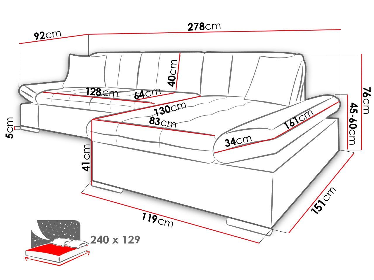 Ecksofa L-Form und Eckcouch, mit Bettkasten, Malwi, mit Armlehnen Regulierbare Design Schlaffunktion MIRJAN24