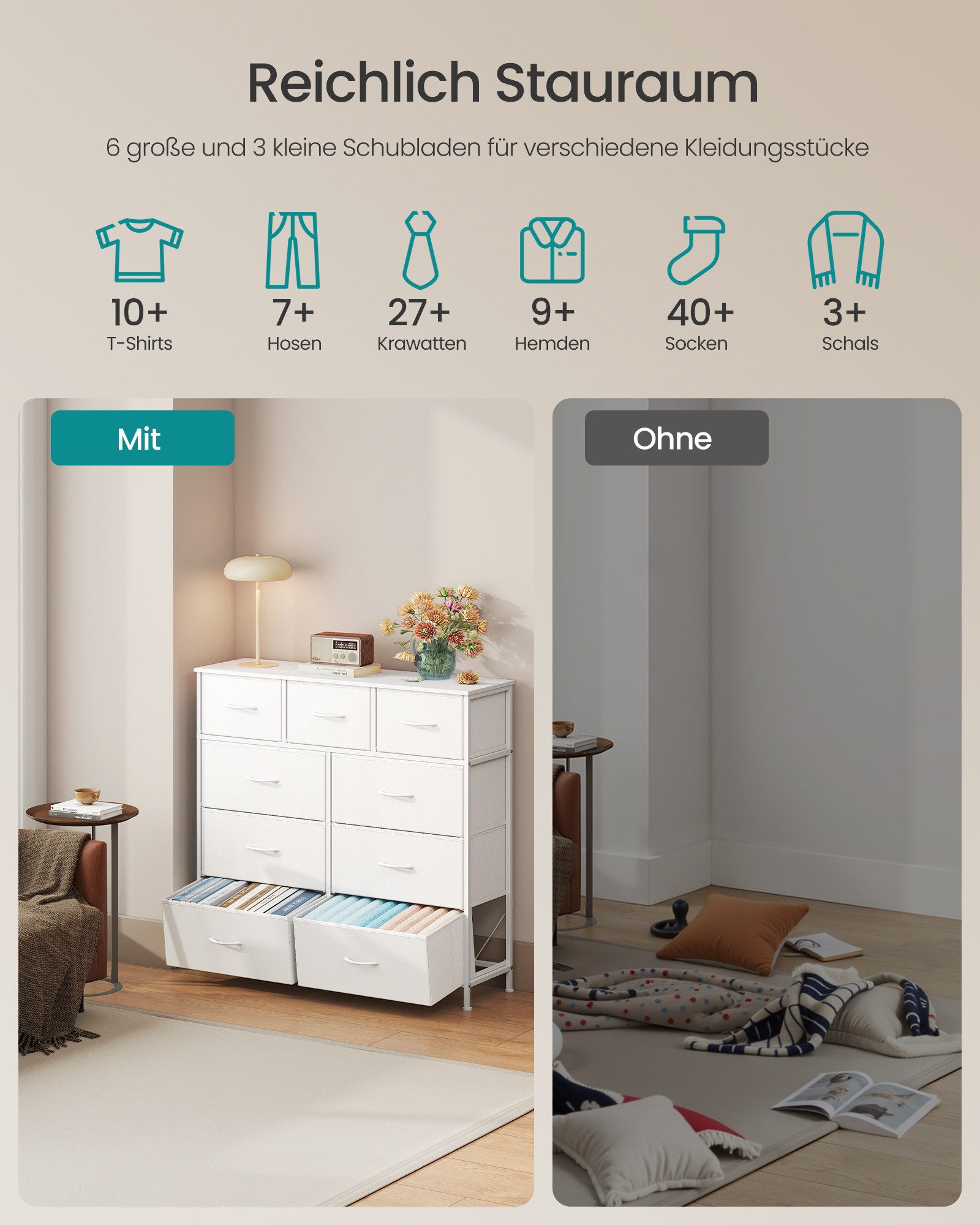 SONGMICS Kommode Schrank mit 5/6/7/8/9 Schubladen, Aufbewahrungsschrank, Stahl, MDF, Vliesstoff, für Schlafzimmer