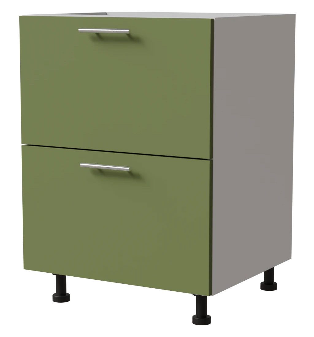 Feldmann-Wohnen Unterschrank Brerra (D2R/60, 2 Schubladen, REJS Komfort Box Vollauszug, 1-St., moderne Optik, lackierte Fronten, 60x50x82cm) weiß / RAL 6025 farngrün matt