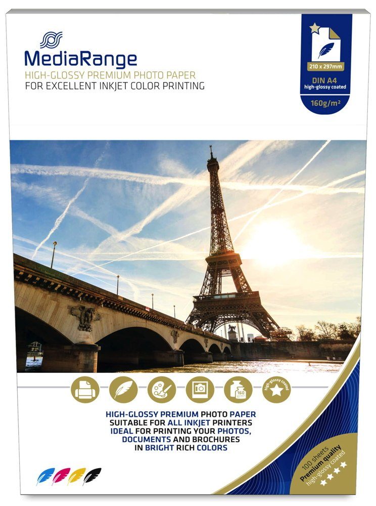 Mediarange Fotopapier 100 Blatt Fotopapier DIN A4 high glossy glänzend einseitig 160 g/m²
