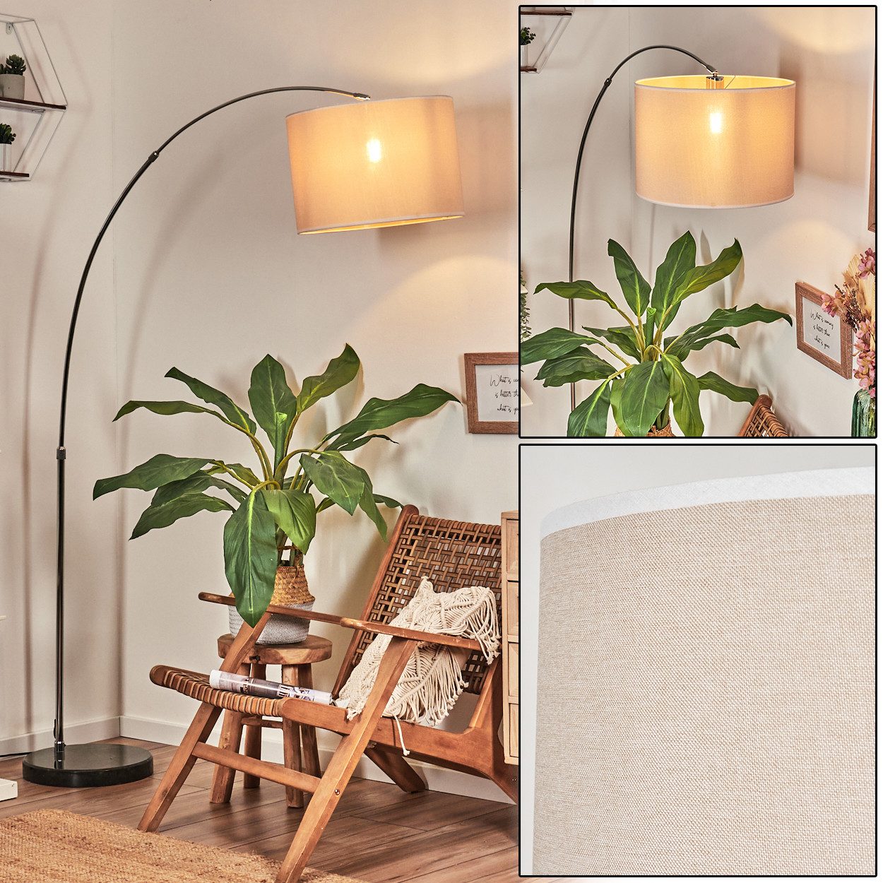 hofstein Bogenlampe Stehlampe mit Marmorfuß aus Metall/Stoff in Schwarz/Chrom/Beige/Weiß, verstellbare Stehleuchte im modernen Design, Ø 40 cm, Fußschalter, E27