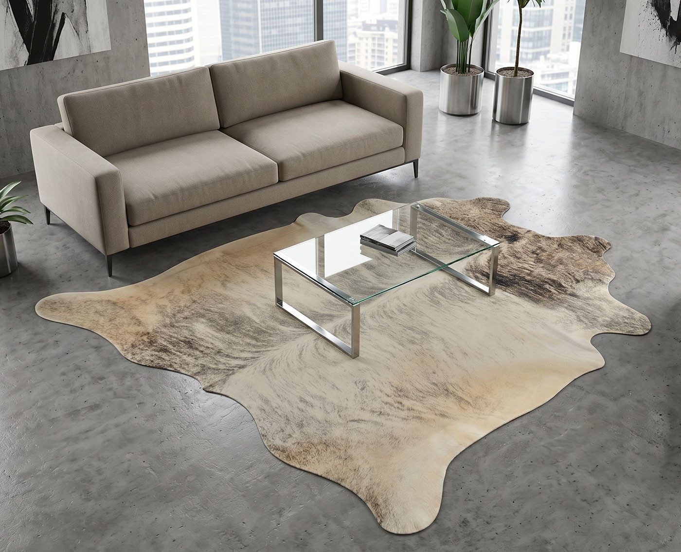 Fellteppich Kuhfell Teppich Grau-Braun 210×180 cm – für Wohnzimmer & Schlafzimmer