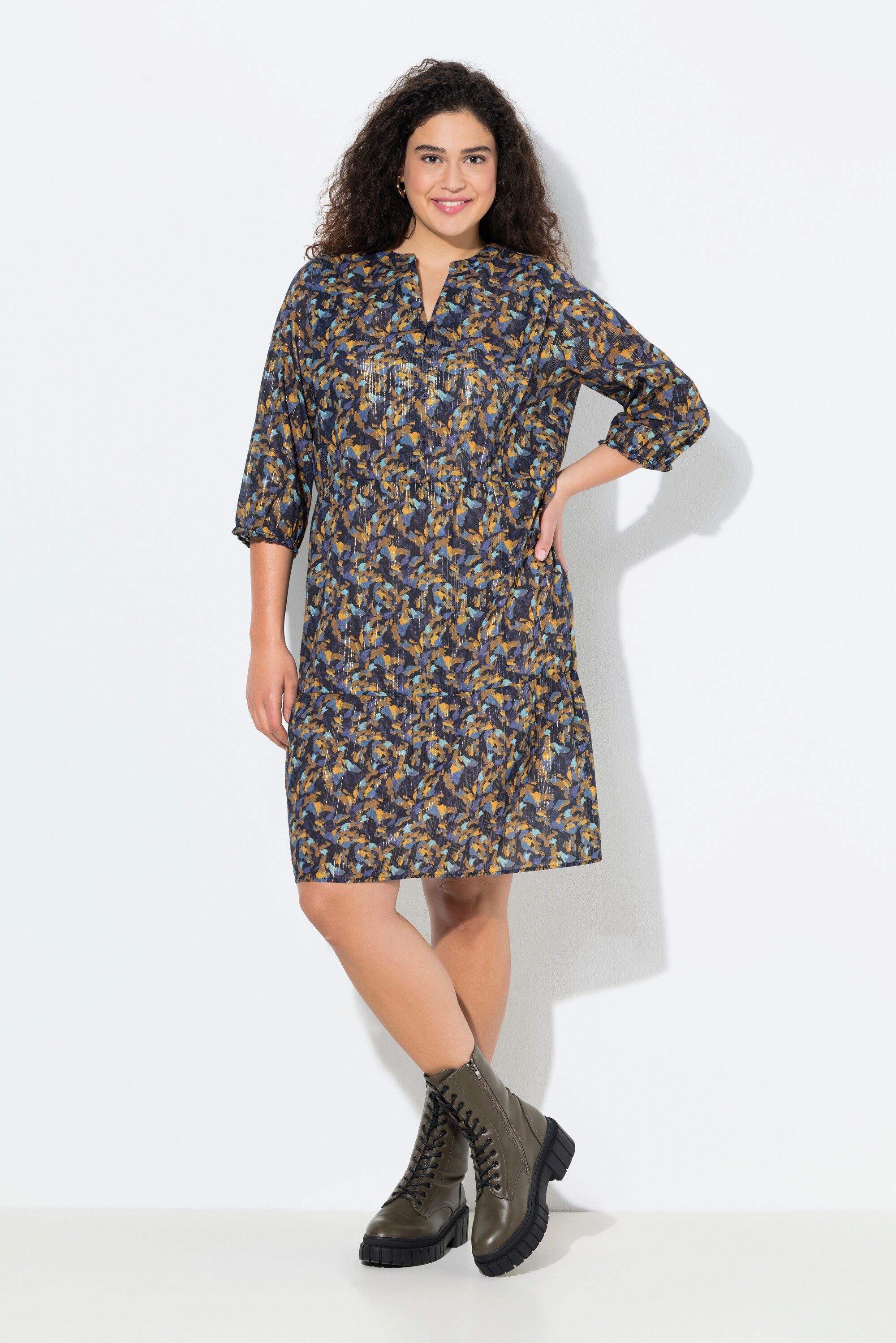 Midikleid Kleid Metallic-Linien A-Linie V-Ausschnitt 3/4-Arm