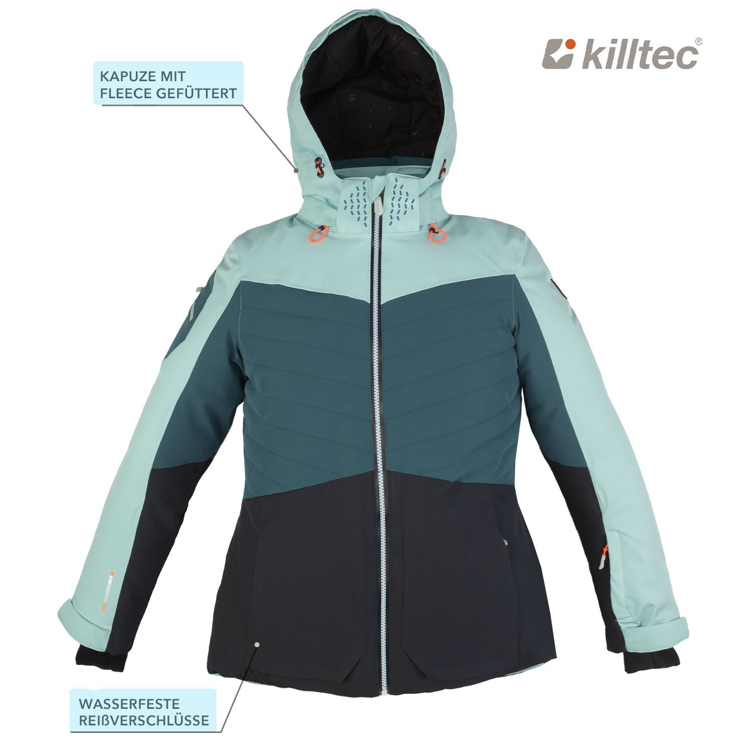 Killtec Skianzug Damen Skijacke petrol + Skihose schwarz, atmungsaktiver Stoff - mit Schneefang - wasserdicht - winddicht