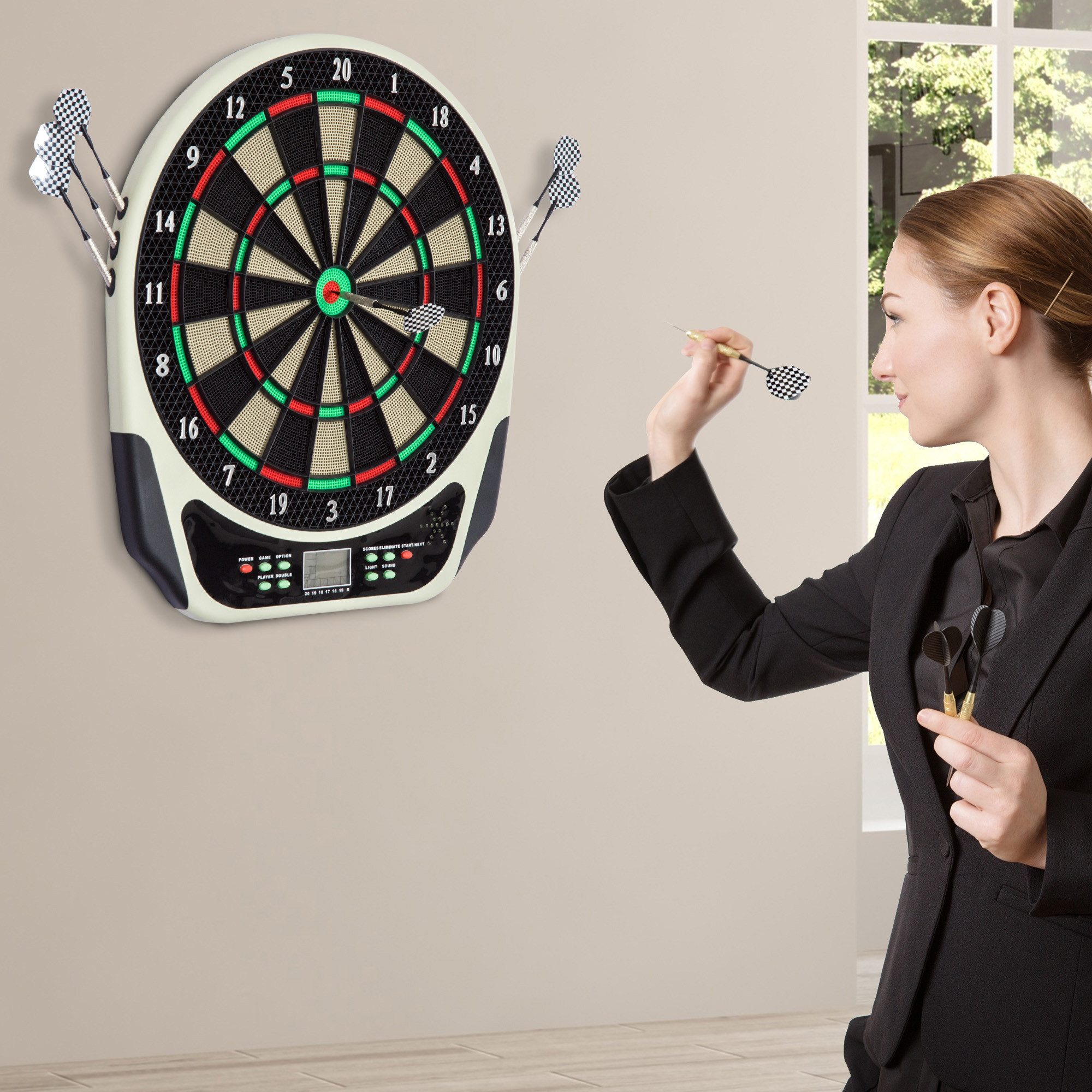 HOMCOM Dartscheibe Elektronische mit Sprachansagen LED-Anzeigen 6 Darts 24 Dartköpfe, (Dartspiel, 1-tlg., Dartboard), Schwarz+Weiß 44 x 50 x 3,2 cm