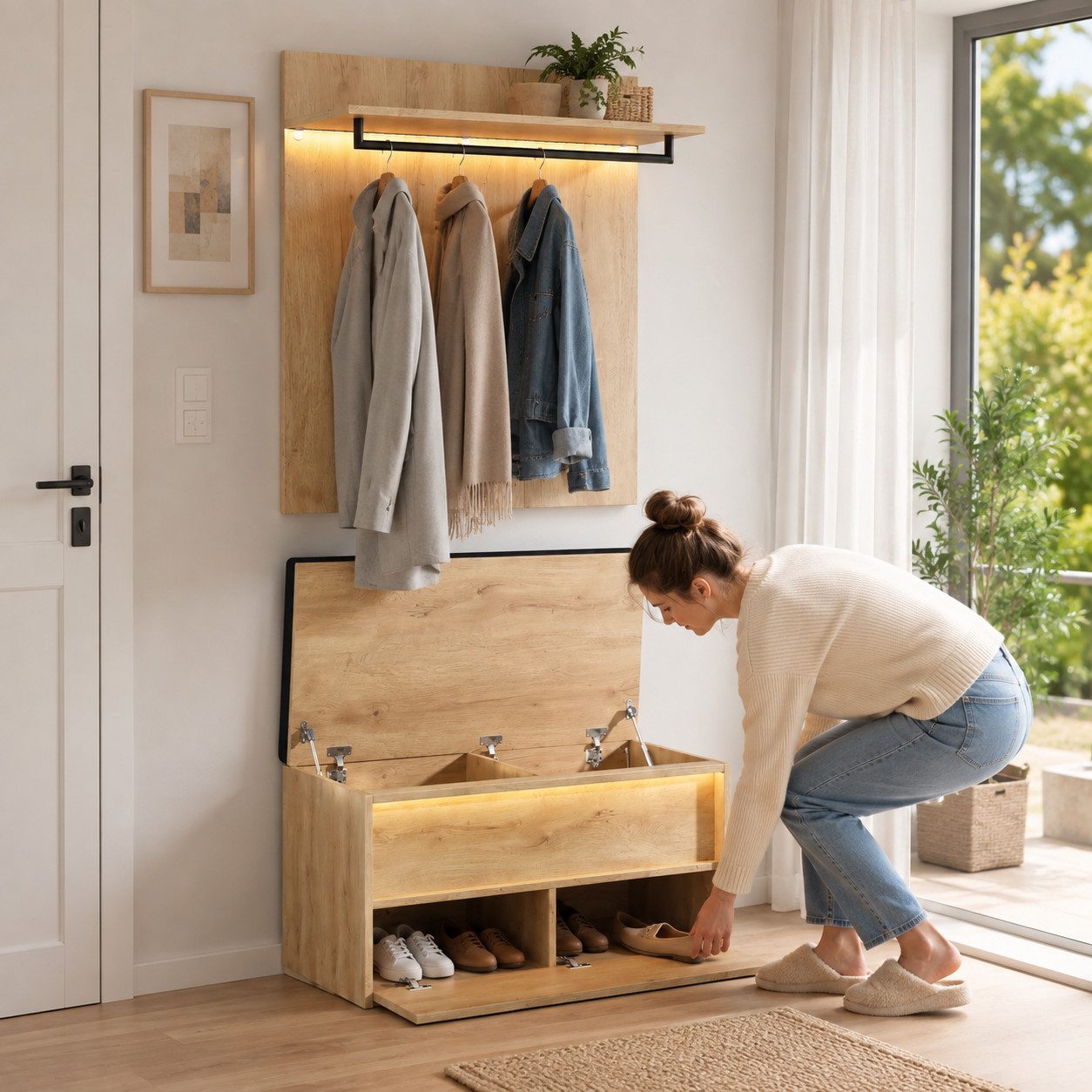 Flieks Garderoben-Set Holzoptik Wandgarderobe, Schuhbank mit Sitzissen, Kleiderständer, (Kompaktgarderobe mit LED-Beleuchtung, 2-St., 90x47x145 cm), Sitzbank mi – Bild 2 von 5