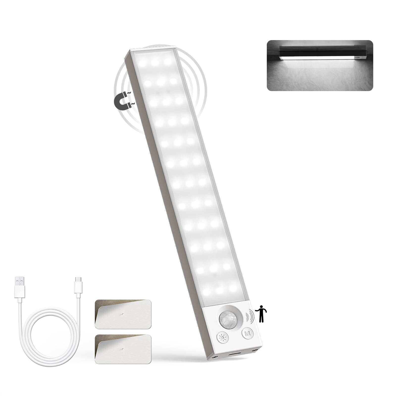 LQWELL LED Unterbauleuchte mit Bewegungsmelder, Dimmbar, Akku, USB-C Wiederaufladbar Schranklicht, LED fest integriert, Treppenlicht Nachttischlampe 22,5 cm, 1500 mAh, 22,5 cm, 1500 mAh, Weiß, für Küche, Kleiderschrank, Schlafzimmer