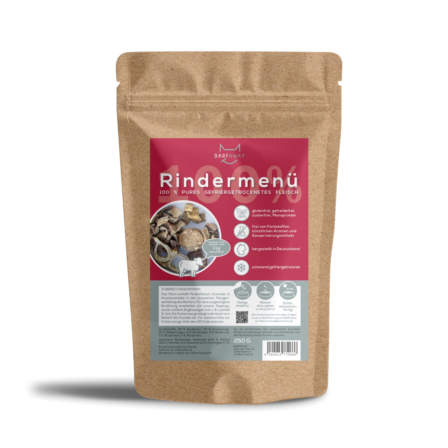 BARFaway BARF Menü Rind mit Blättermagen 250 g Rind mit Blättermagen, BARF für: Hunde, gefriergetrocknet, proteinreich