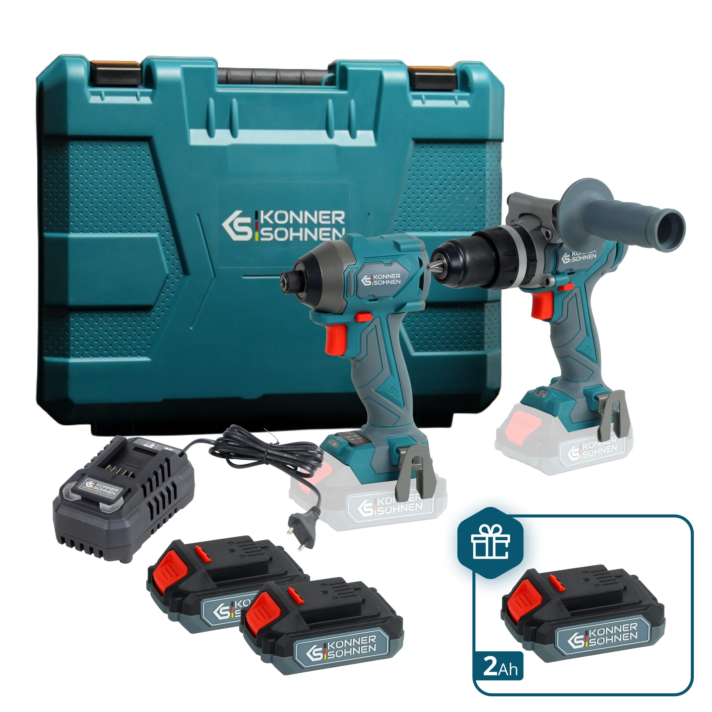Könner & Söhnen Akku-Schlagbohrschrauber KS IDISD 20V SET 2, (Schlagbohrmaschine und Schlagschrauber zum Bohren, Befestigen und für Reparaturarbeiten zu Hause), komplett mit 2×2Ah 20V Akkus und Ladegerät im Koffer.