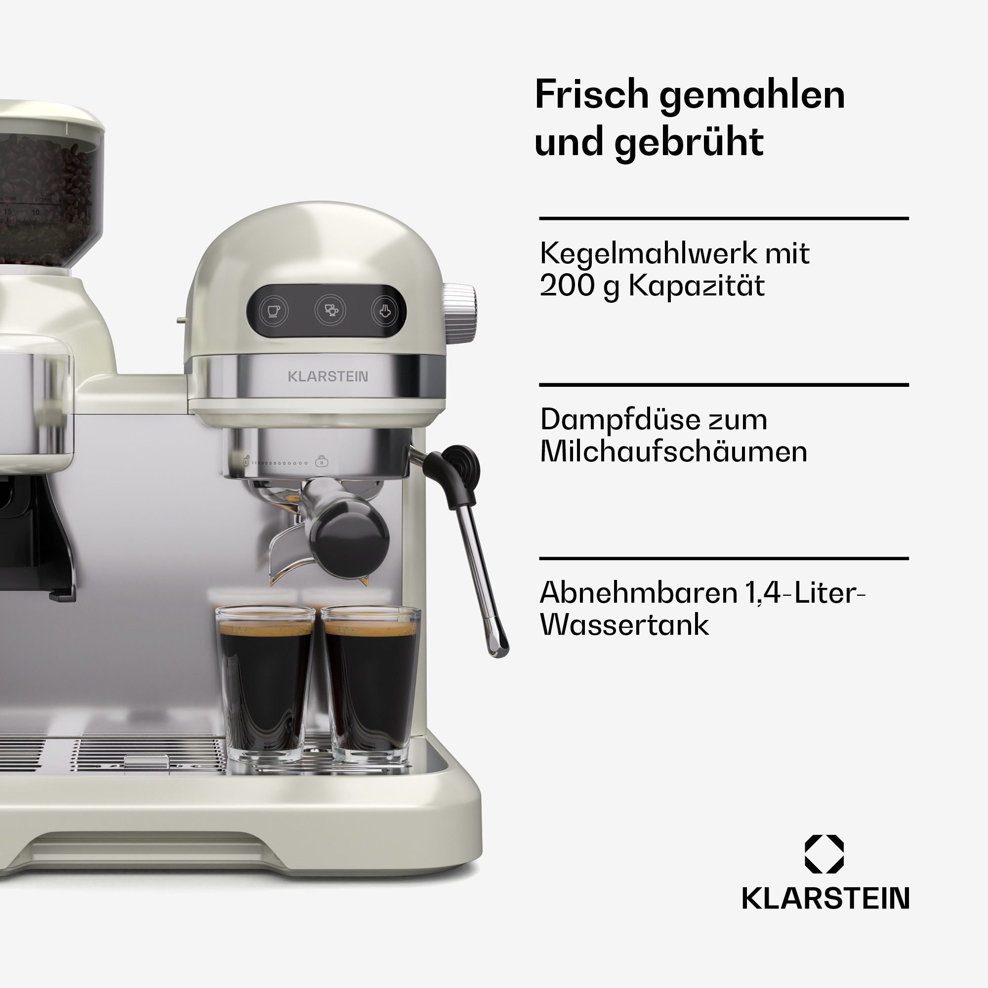 Klarstein Espressomaschine, 1.4l Kaffeekanne, Edelstahl-Siebträger, Elektrisch 19 Bar Espressomaschine Kaffemaschine Kegel-Mahlwerk