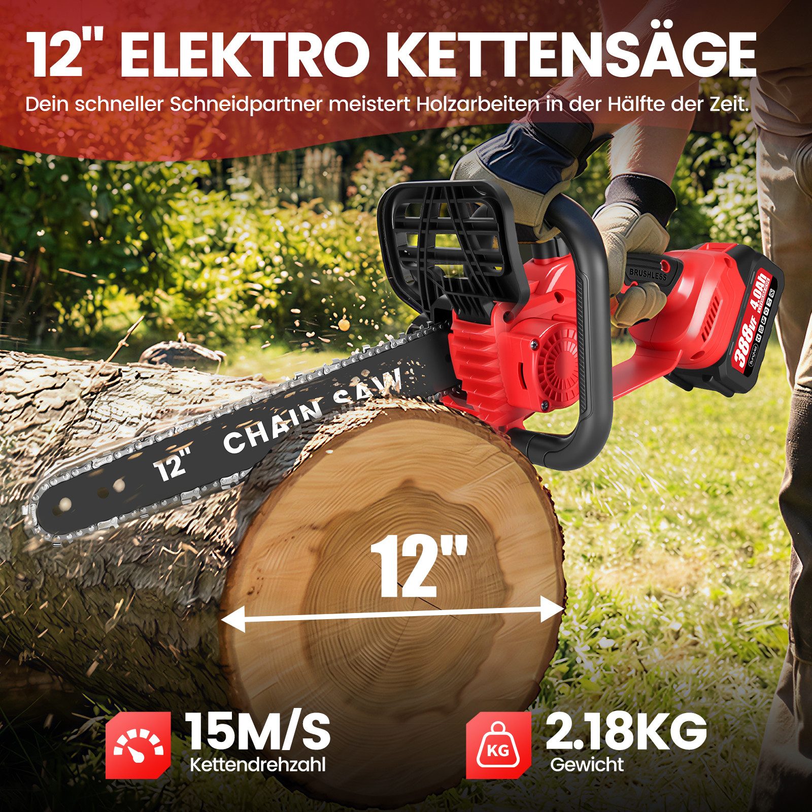 Bundviel Akku-Kettensäge 12'' Elektro Kettensäge Bürstenlose 1200W Kettensägen mit 2x Akkus, 30,48 cm Schwertlänge, Set, 2x 4000mAh Akkus, 3 Ketten + 1 Kettenführungsschienen, 29000 U/min, 15m/s