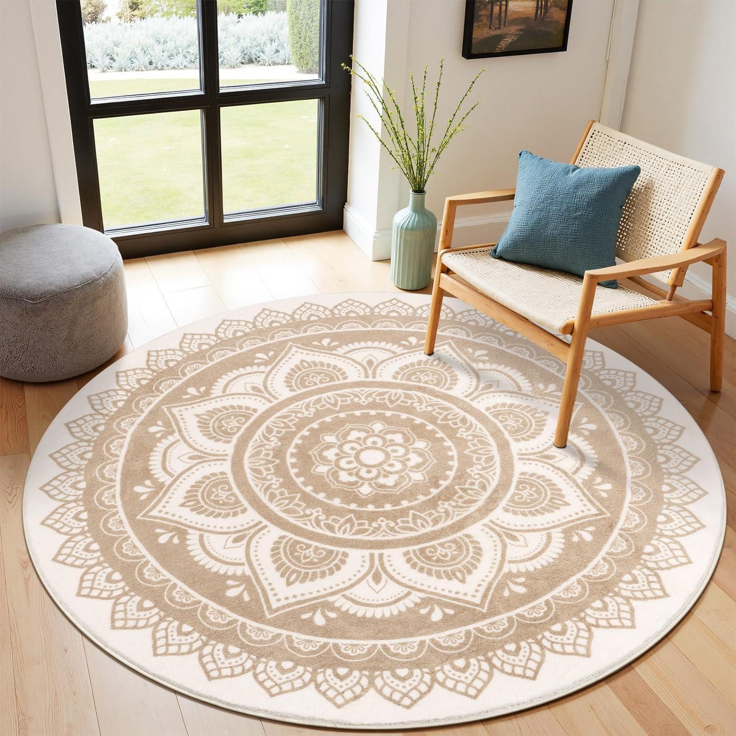 LuxusKollektion Teppich Runder Teppich Boho Beige 120 cm, rund, Höhe: 12 mm