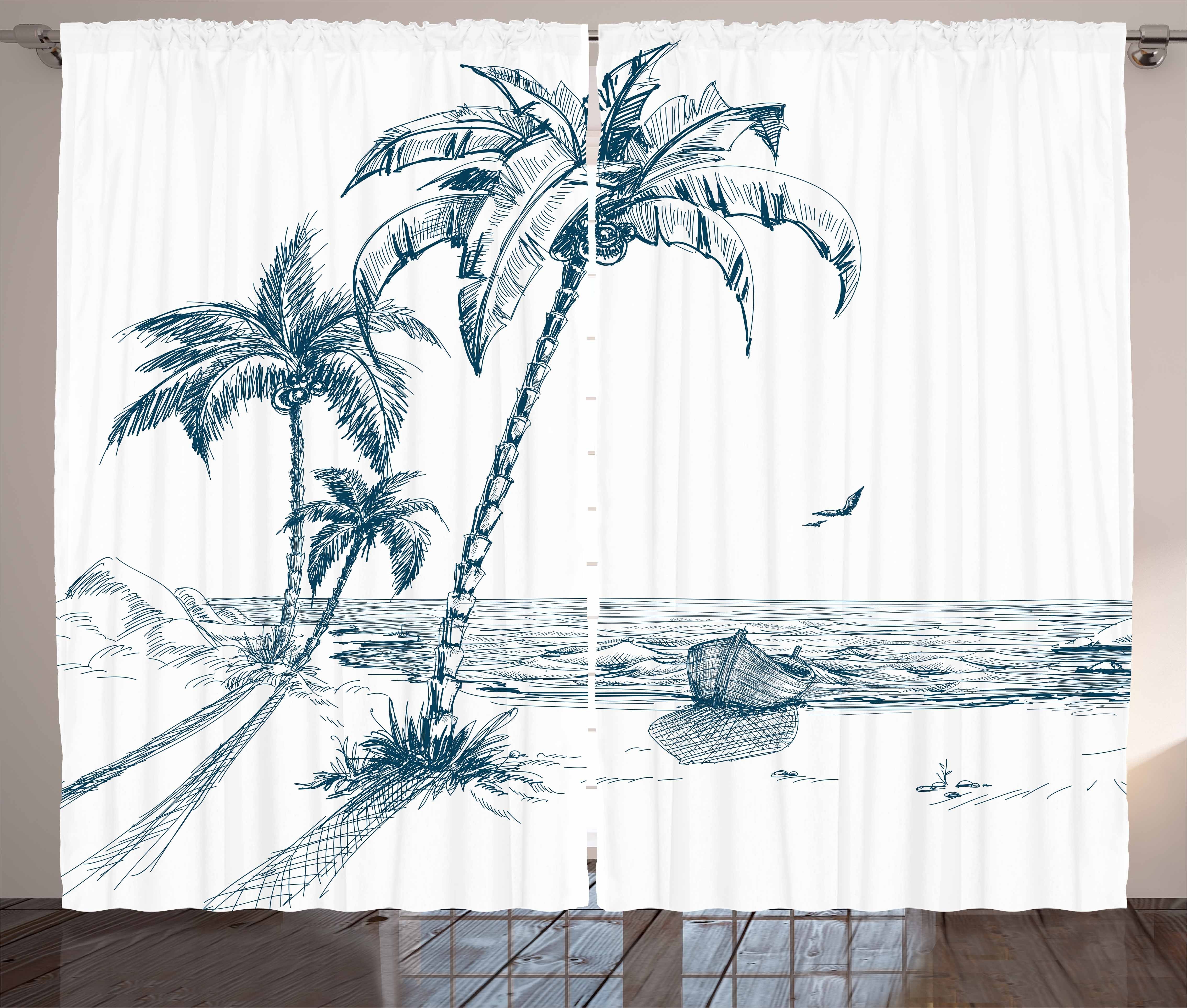 Gardine Schlafzimmer Kräuselband Vorhang mit Schlaufen und Haken, Abakuhaus, Insel Palme Boot-Skizze