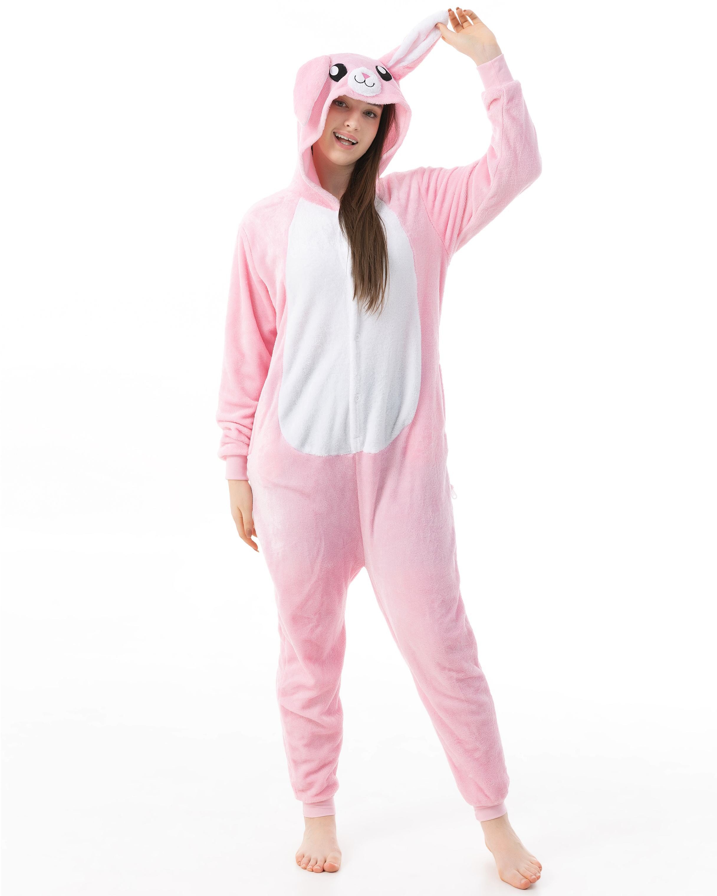 Katara Partyanzug Waldtiere Jumpsuit Kostüm Overall Erwachsene S-XL, Karneval - Kostüm, Kigurumi - Hase rosa M (155-165cm)