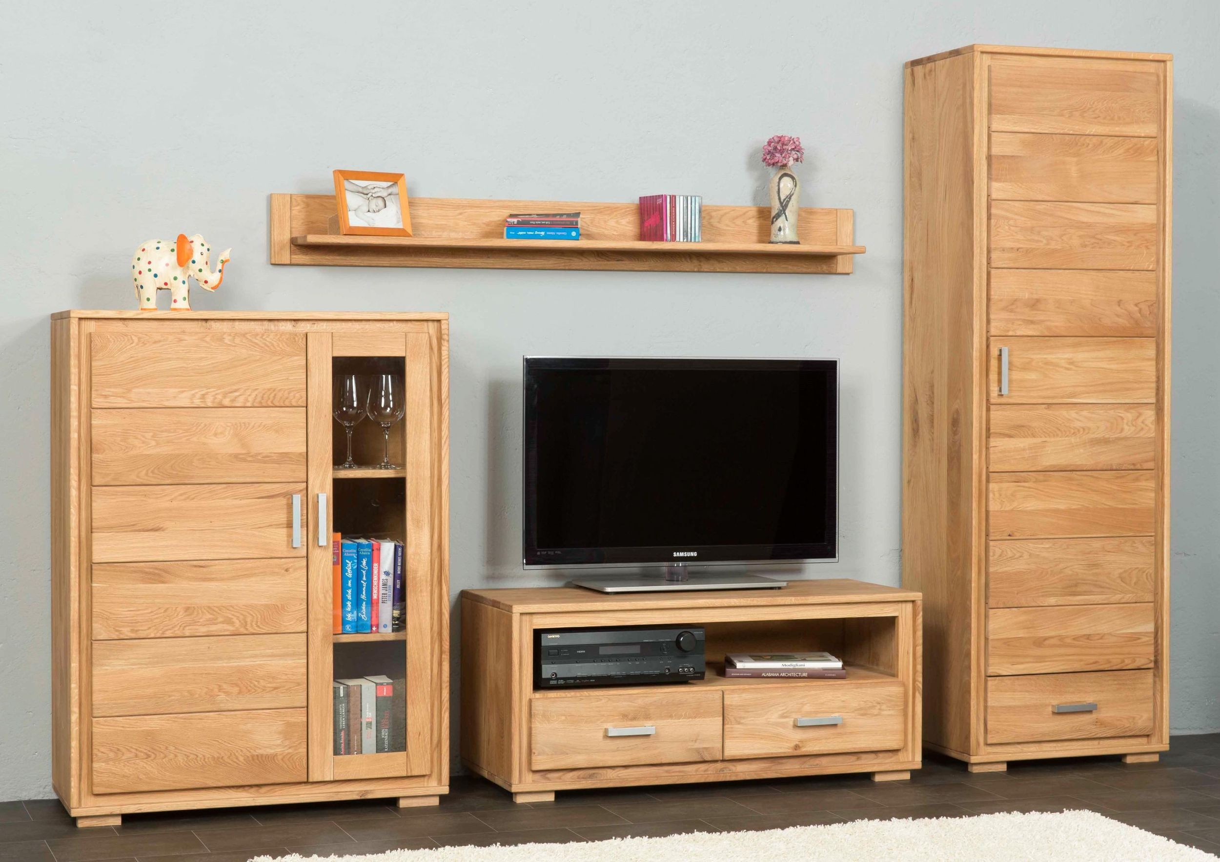 Trendmöbel24 Wohnwand Wohnwand Basel Set IIX 4-teilig Wildeiche Massivholz geölt, (Komplett-Set, 4-St., Schrank, Lowboard, Halb-Vitrine, Wandboard)