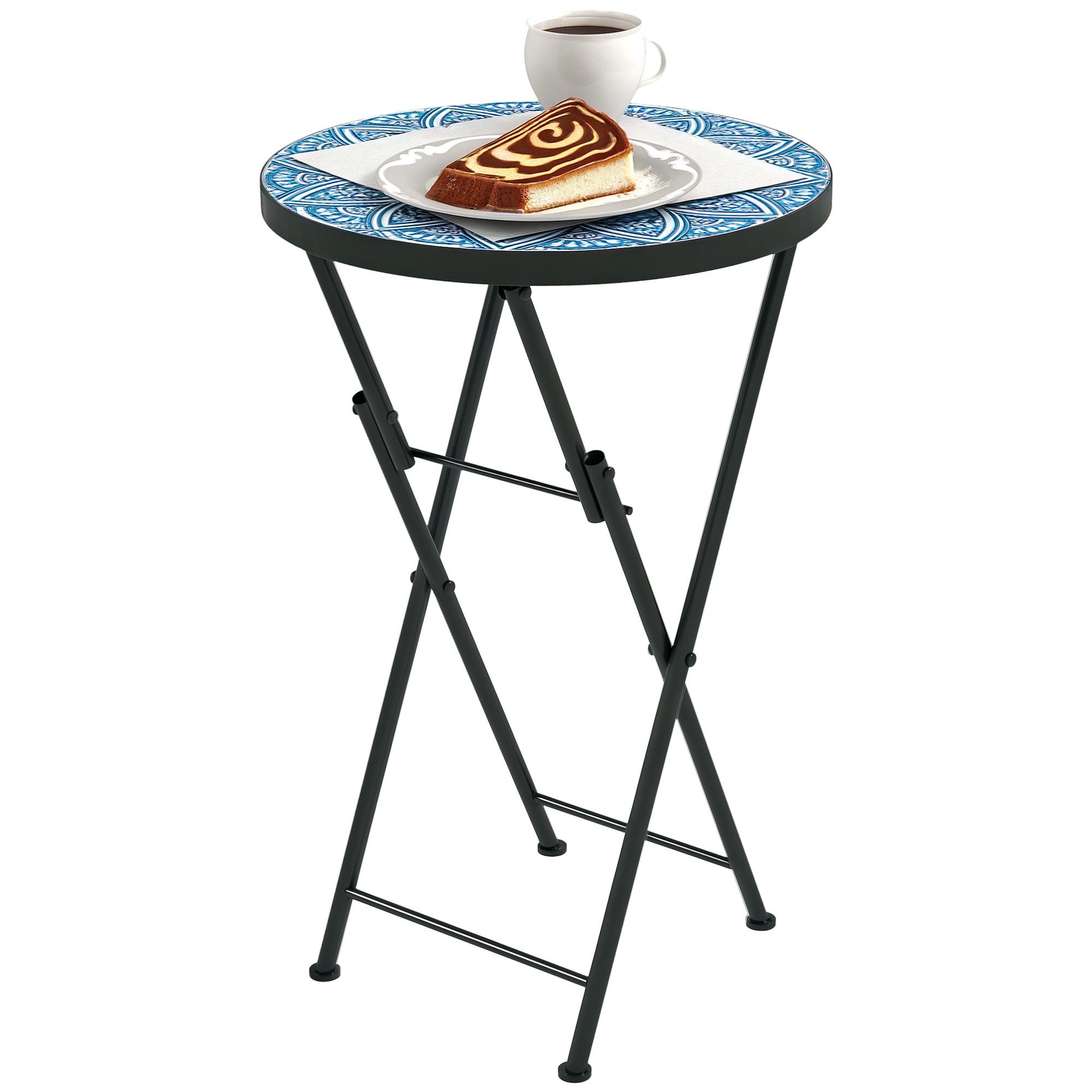 Outsunny Gartentisch mit Mosaik-Design, Ø35,5 x 55 cm, Rund, wetterfest, aus Metall (klappbar Balkontisch, 1-St., Beistelltisch), für Wohnzimmer, Büro, Outdoor, Indoor, Blau