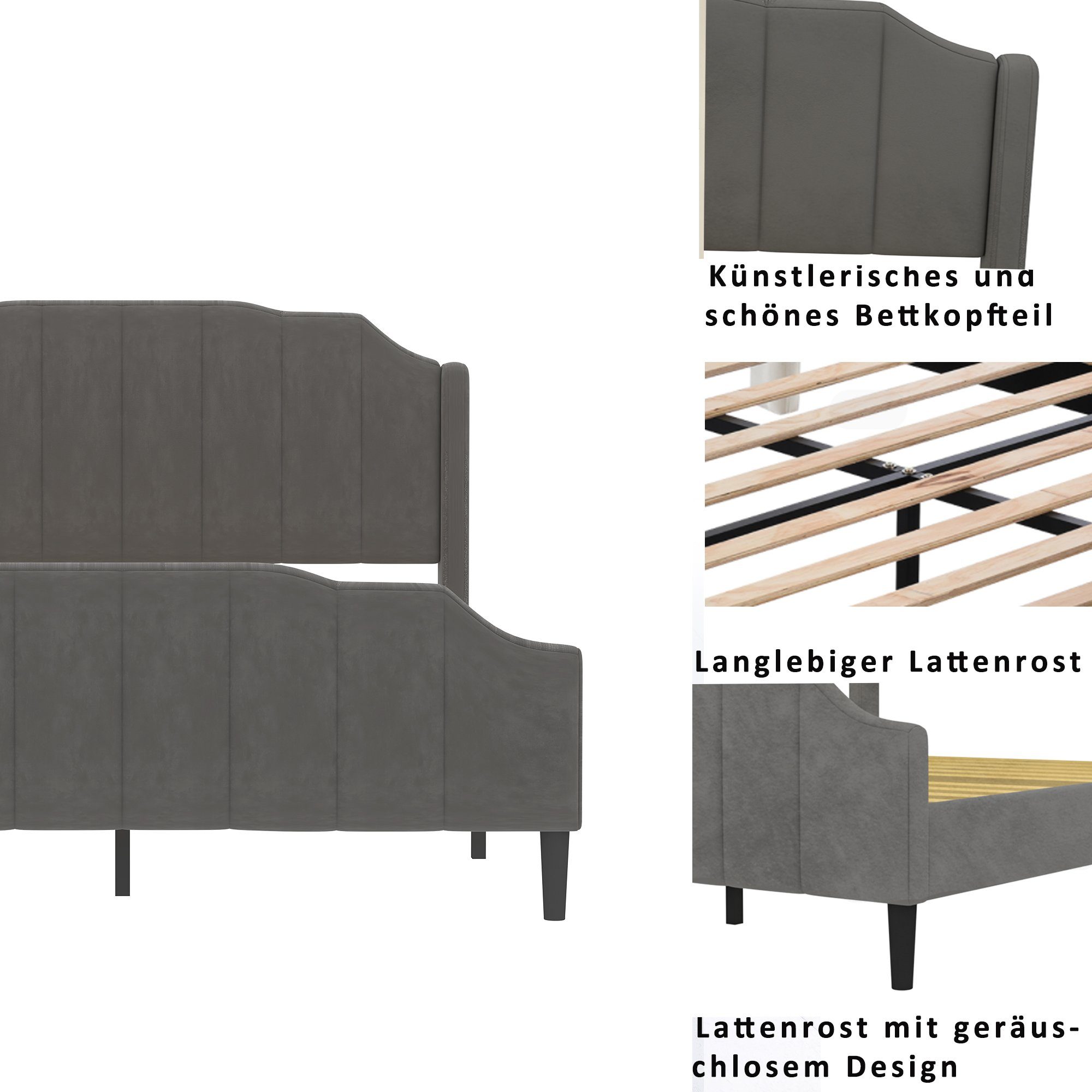 Polsterbett (Doppelbett 140 x 200 cm mit Kopfteil und Lattenrost), Jugendbett mit Gepolstertes Kopfteil, Bezug aus Samt