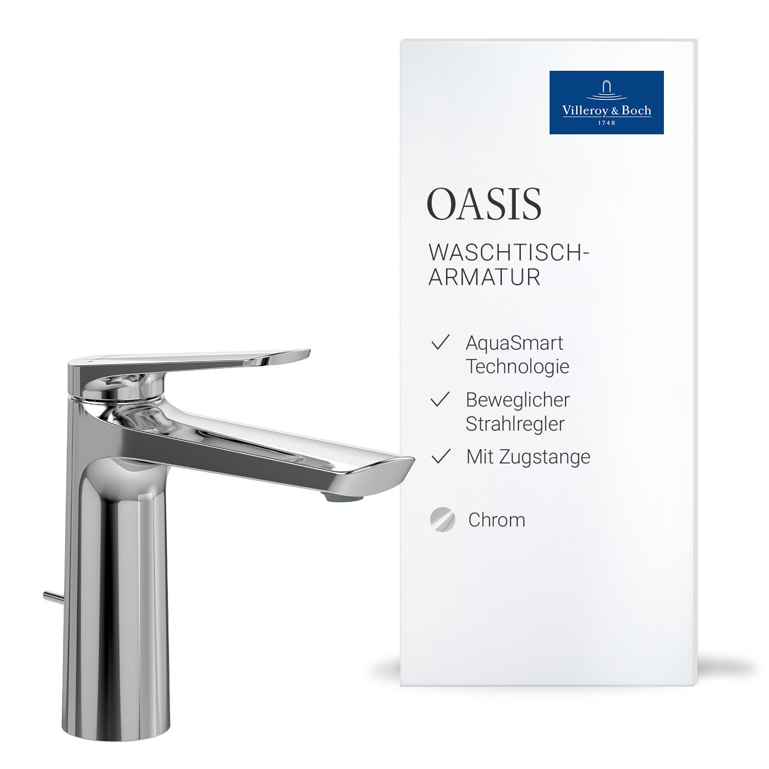 Villeroy & Boch Waschtischarmatur Oasis Wasserhahn Bad mit Zugstange und Keramikkartusche, Waschbeckenarmatur