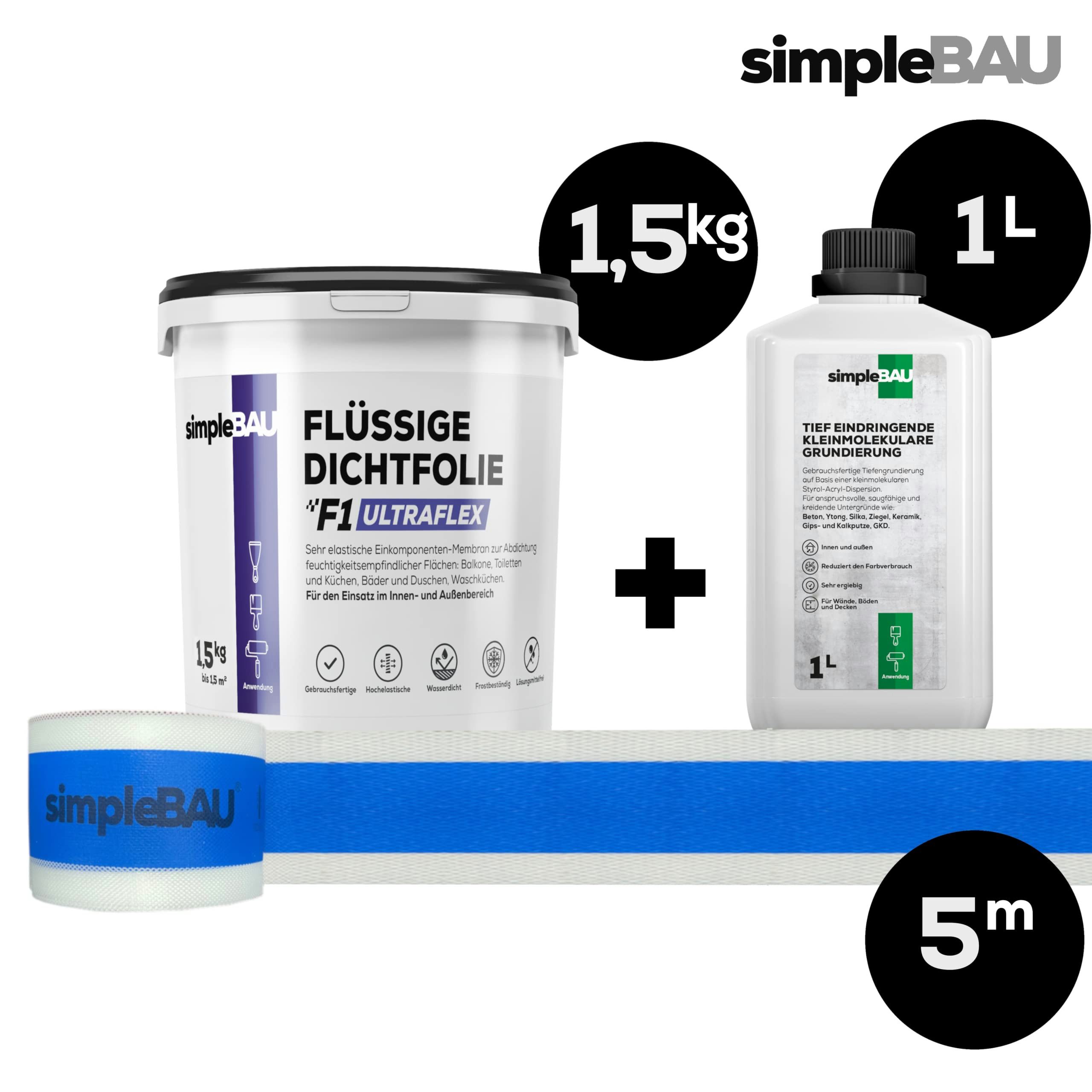 simpleBAU Dichtstoff Flüssigfolie F1 Ultraflex 1,5 kg + Tiefengrund 1L und Dichtband 5M