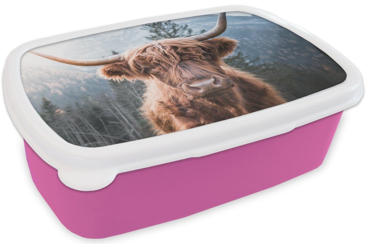 MuchoWow Lunchbox Kuh Kunststoff für - Berg - - Hochländer Brotdose - Mädchen, Kinder, rosa Schottischer Snackbox, Brotbox Tiere Natur, Kunststoff, (2-tlg), Erwachsene