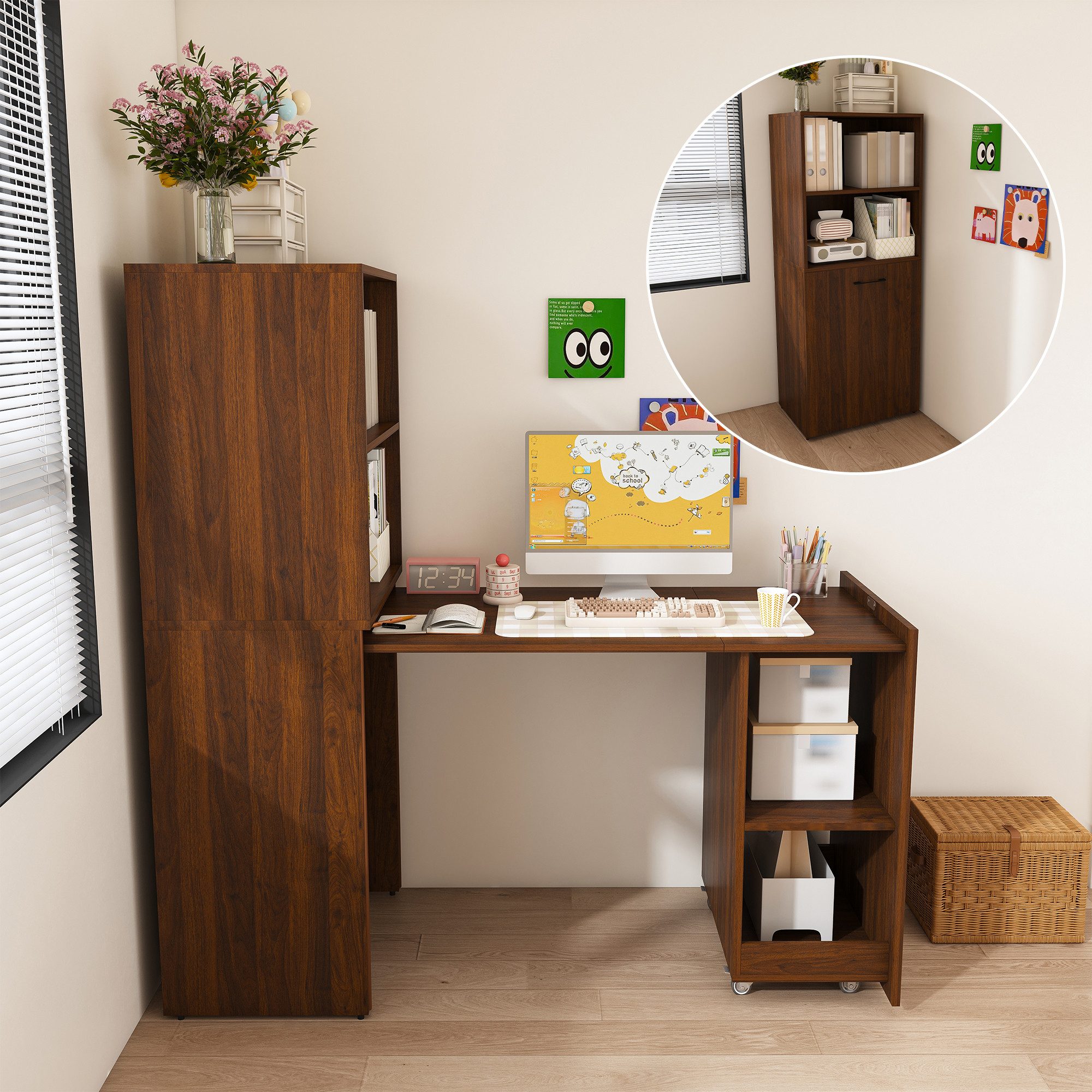 i@home Regal-Schreibtisch Ausziehbarer Schreibtisch mit Stauraum, platzsparender Sekretär (Klappschreibtisch mit 5-fach verstellbaren Ablagen & Lenkrollen, 2-St), Schreibschränke für Kinderzimmer, Schlafzimmer & Arbeitszimmer