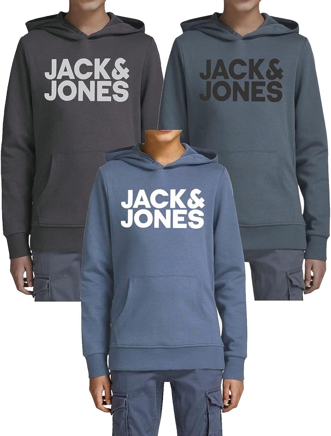Jack & Jones Junior Kapuzensweatshirt (Spar Set, 3er Pack) mit Printdruck und Kängurutasche im 3er Pack 3er Hoodie Mix 3