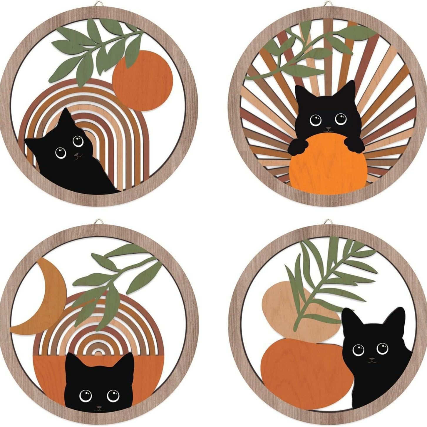 FOUORTUNATE-BEE Wanddekoobjekt 4 Stück Holz Boho Wanddekoobjekt Wanddeko Holz Vintage Deko (Katze Wanddeko für Bauernhaus-Wohnzimmer, Schlafzimmer, 4 St)
