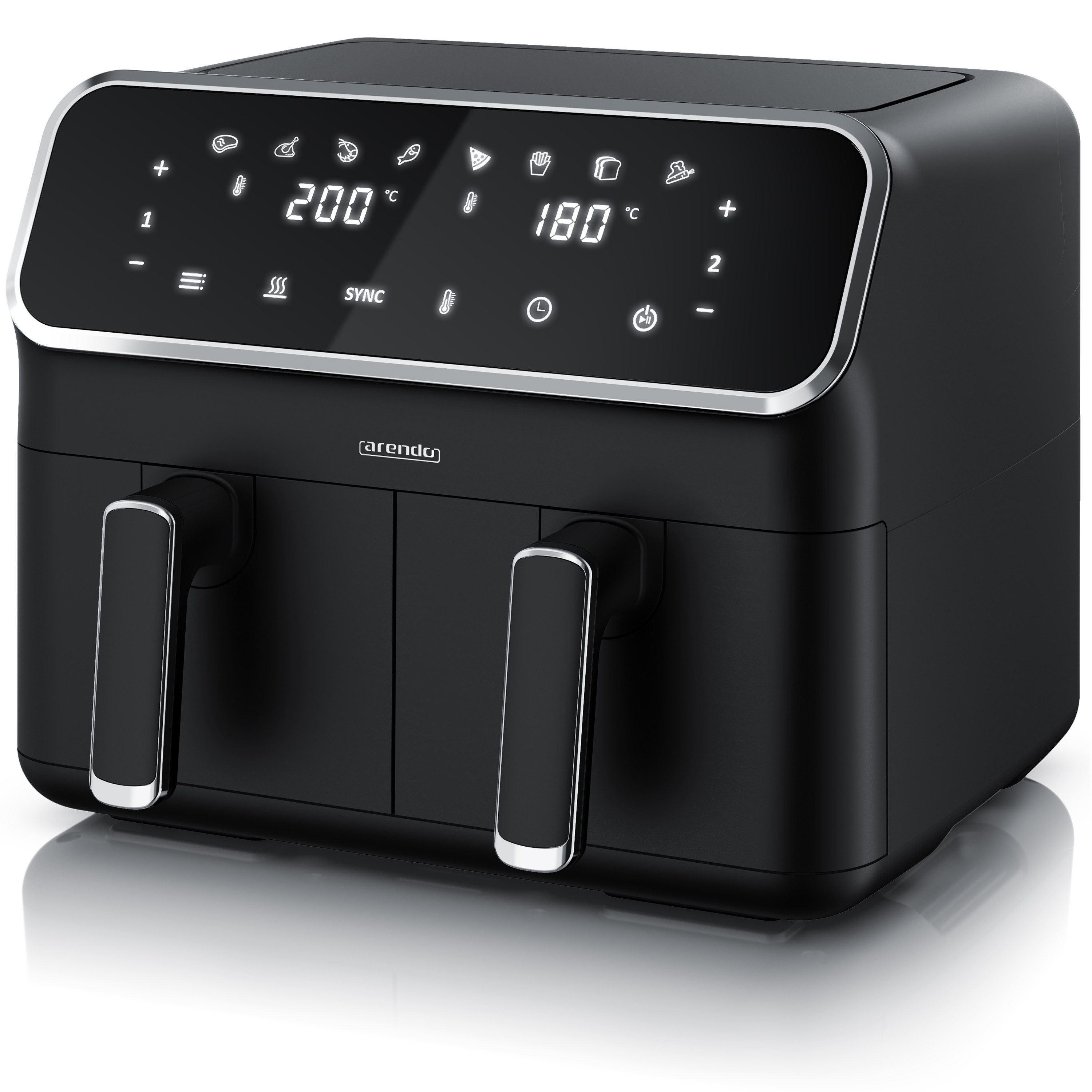 Arendo Heißluftfritteuse XXL Doppelkammer Airfryer 8L, Dual Zone, Backofen, Edelstahl, 2700 W, mit Zubehör, 2 kleine Kammern, Umluftsystem, fettarmes gesundes Kochen