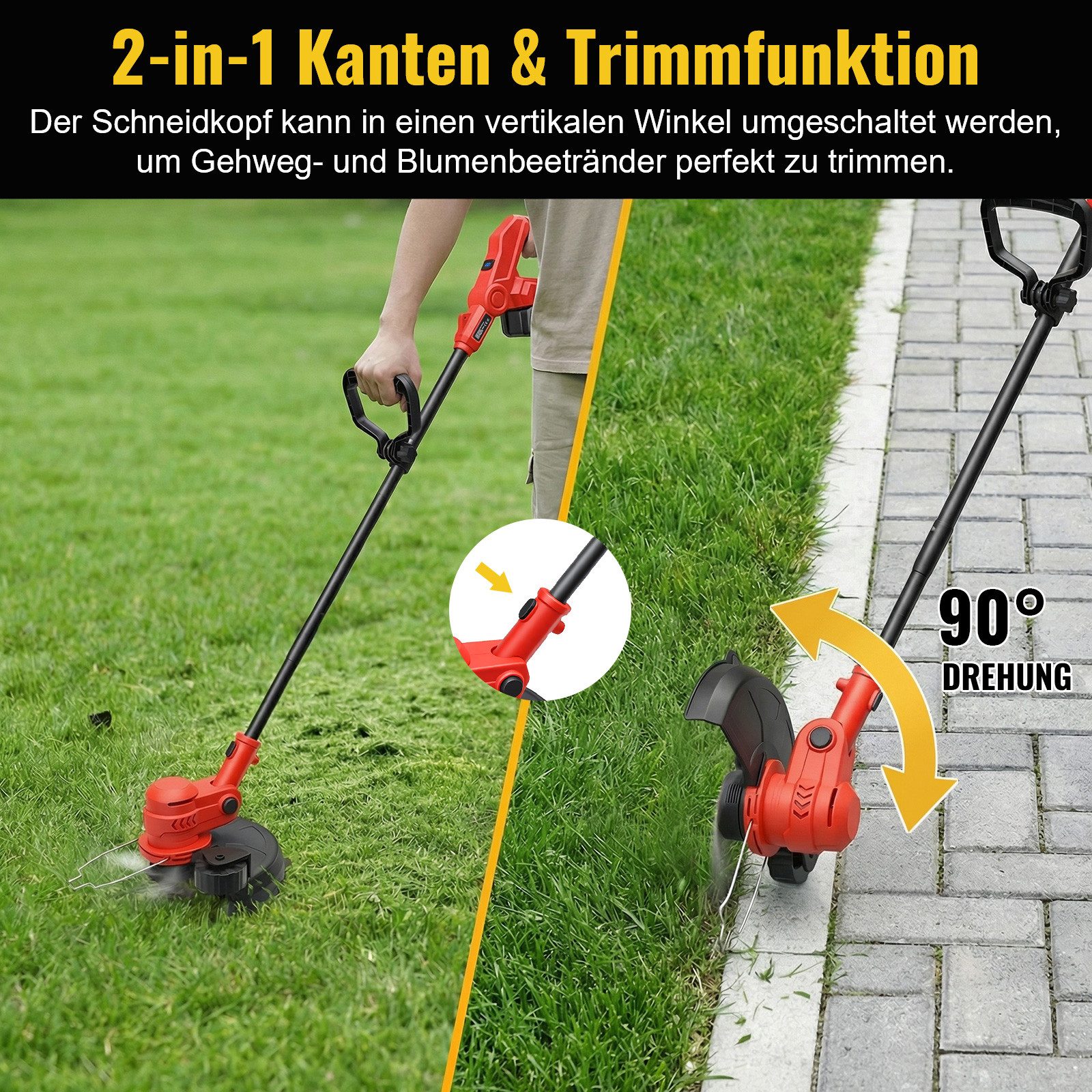 CONENTOOL Akku-Rasentrimmer 2 in 1 Kanten Trimmfunktion, 2 x 4,0Ah Akkus, 30 cm Arbeitsbreite Faden, (inkl. 5 Fadenspulen), mit Hilfsrad & LED-Anzeige