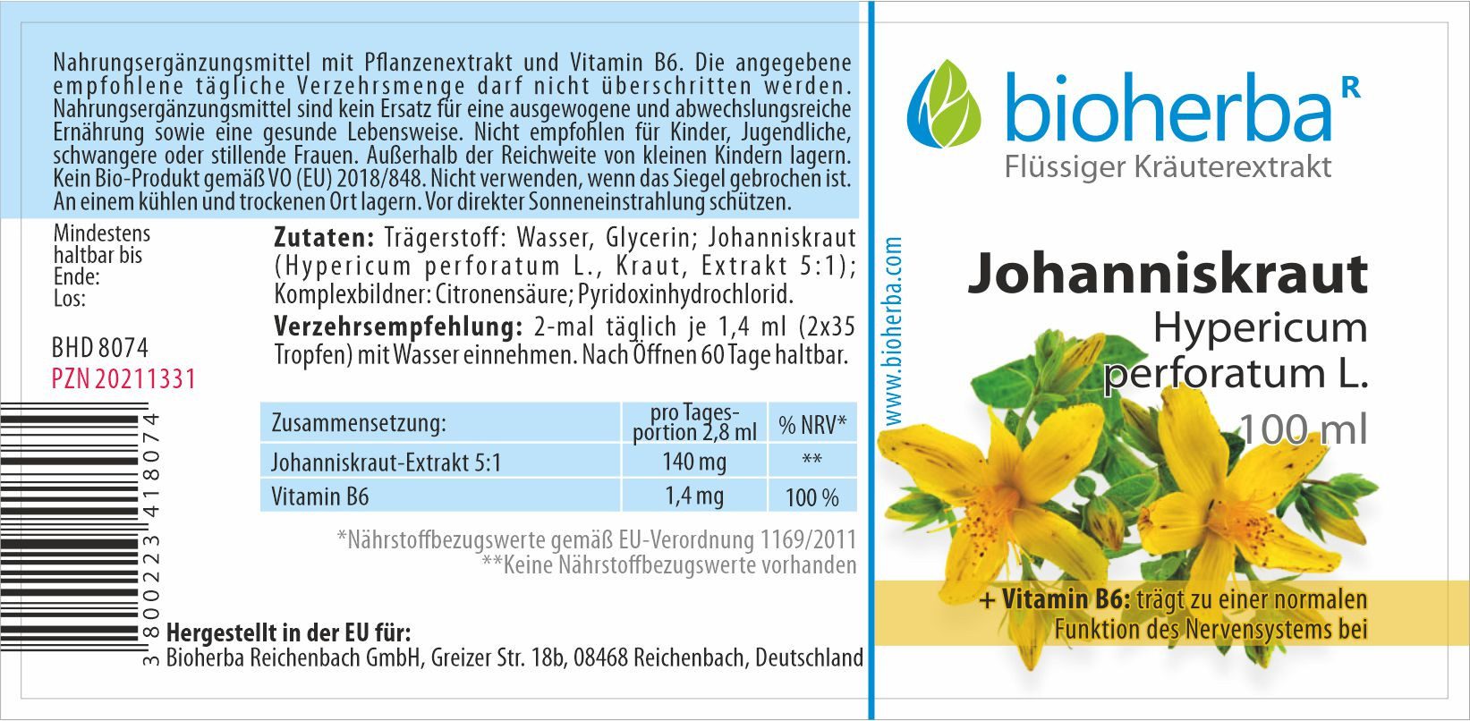 BIOHERBA R Bioherba Johanniskraut Tropfen Tinktur 100 ml Tropfen, 1 er