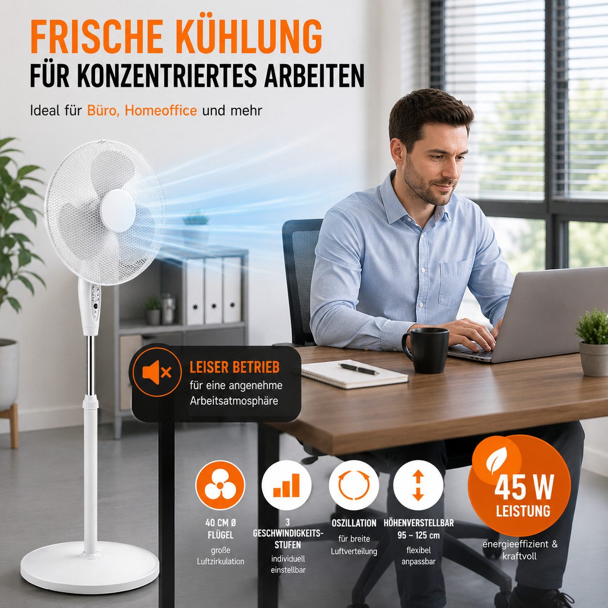 Ertex Standventilator Ventilator Standventilator 45W, 40 cm, Höhe 125 cm, Weiß RUNDFUSS