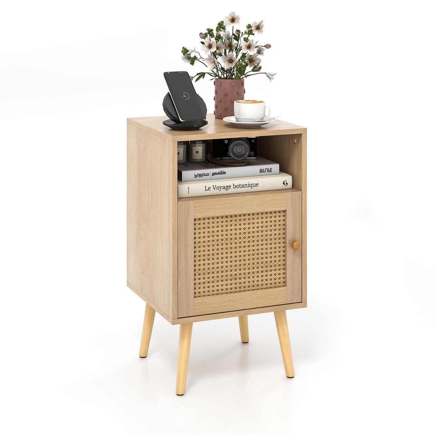 LuxusKollektion Nachttisch Nachttisch mit Rattan & Holzbeinen Natur (1-St)