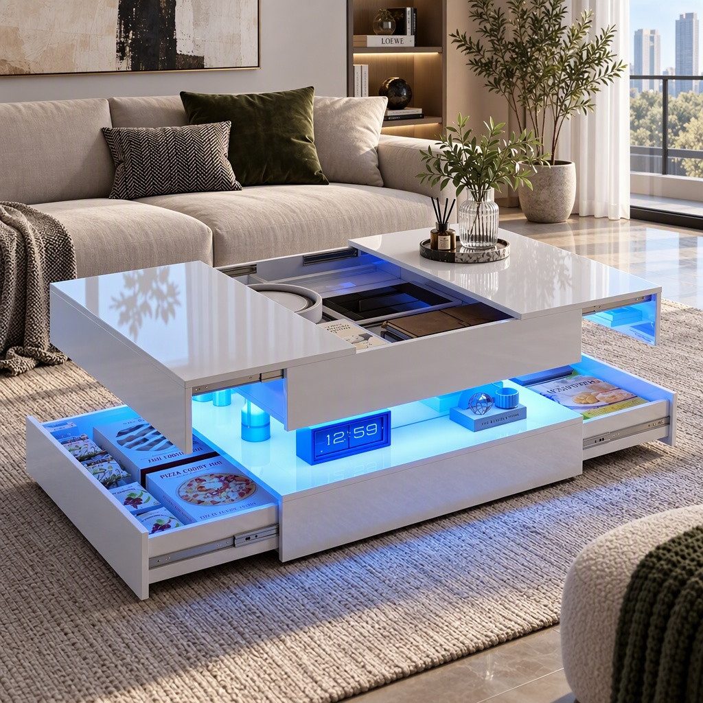 PXloue Couchtisch LED-Couchtisch mit Stauraum und modernem Design (Hochglänzender), Praktischer Tisch mit Schubladen und integrierter Beleuchtung