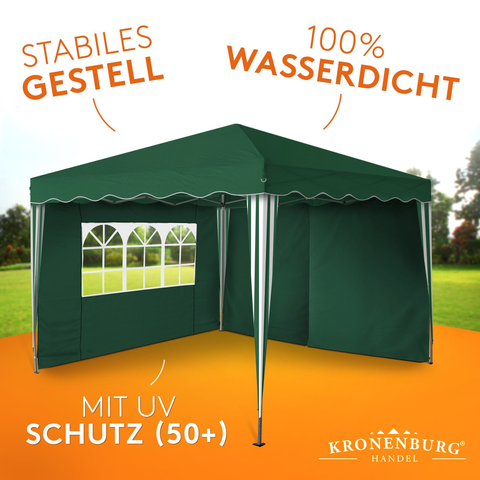 Kronenburg Faltpavillon 3x3 m wasserdicht - Gartenpavillon, Partyzelt stabil, UV-Schutz 50+, mit 2 Seitenteilen, Wetterfester Schutz, Leichter Aufbau, Inklusive – Bild 4 von 5