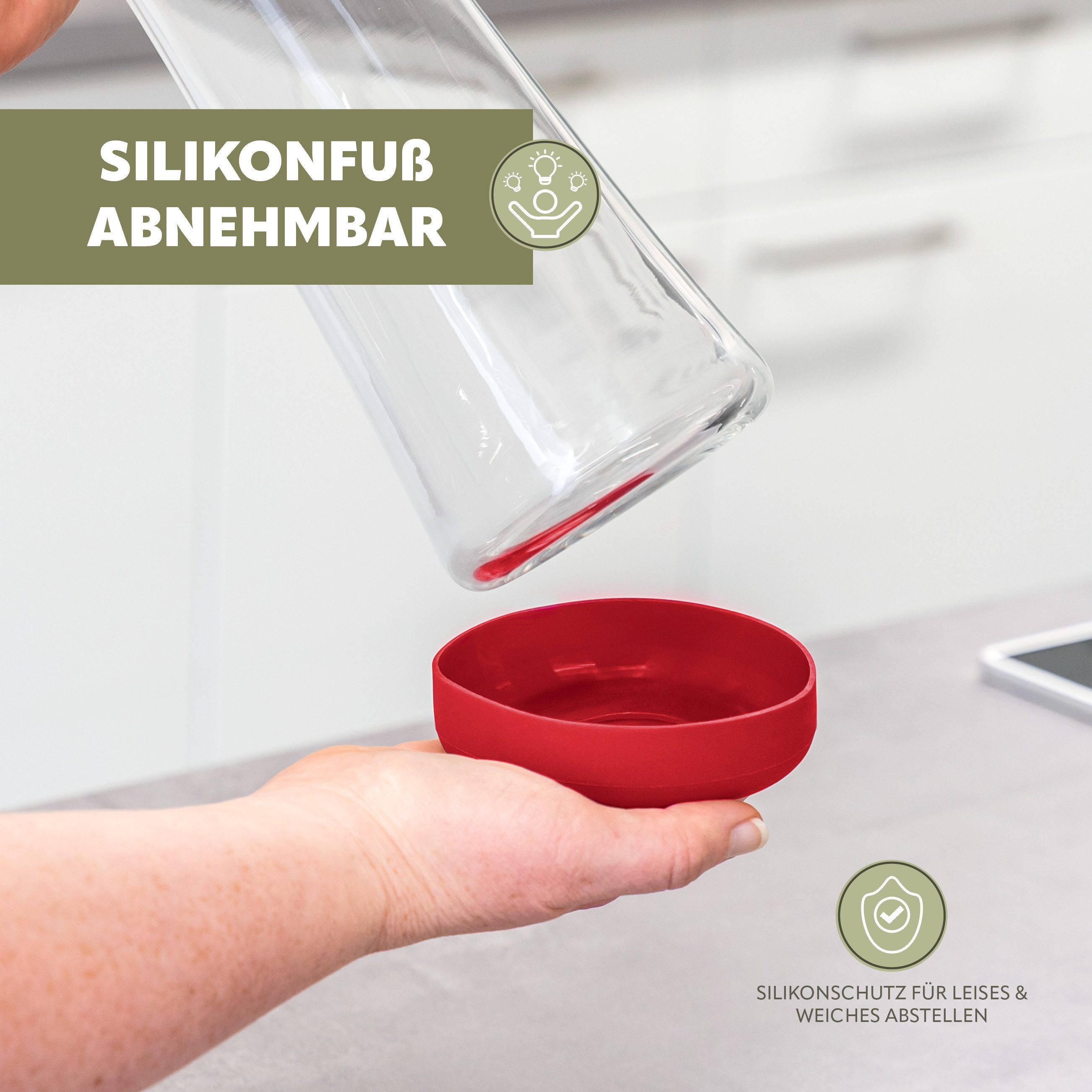 bremermann Karaffe Glaskaraffe CAROLA mit Silikonfuß - zerlegbarer Deckel - 1 Liter, rot