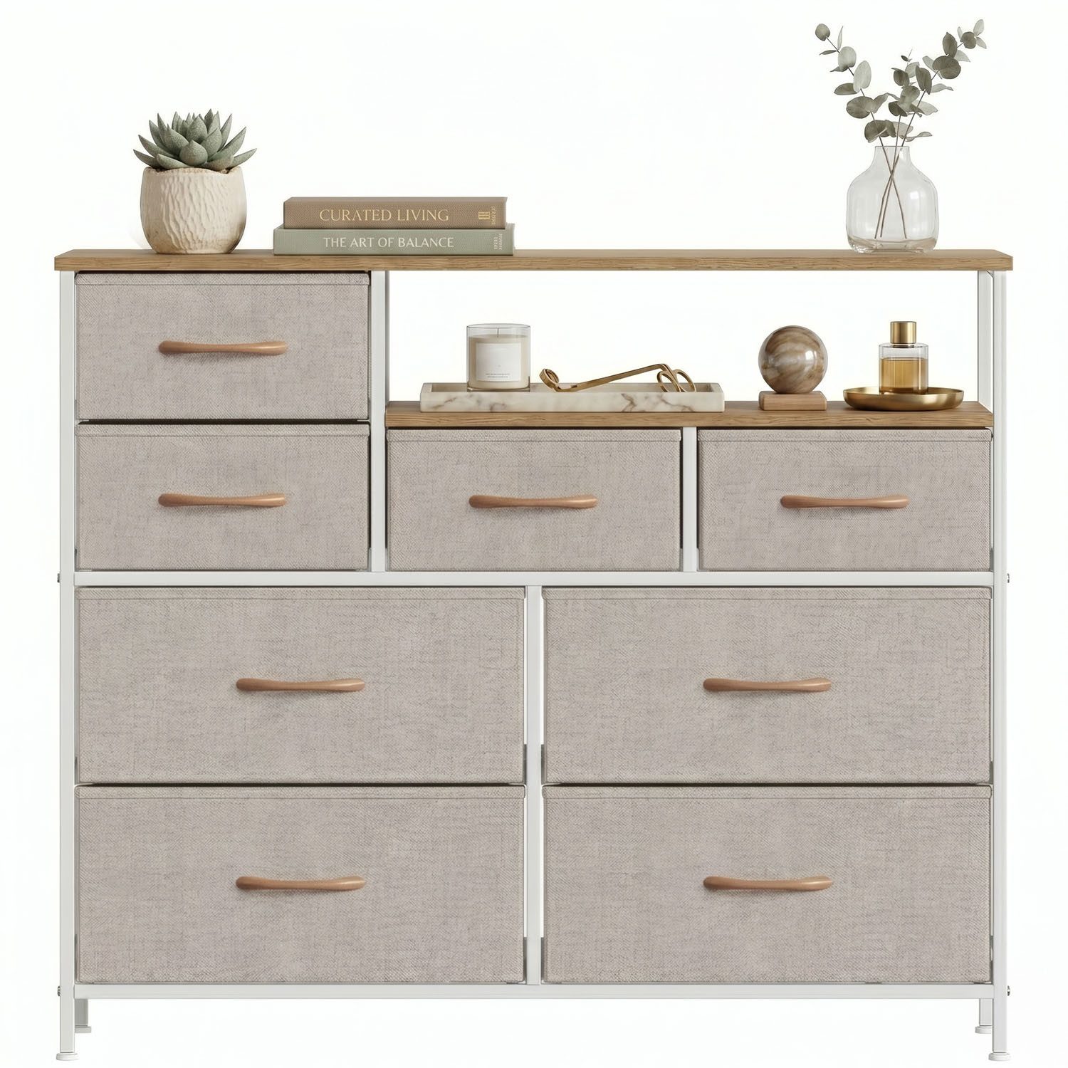 IDEASY Kommode Kommode mit 8 Stoffschubladen und 2 Ablagen für Schlafzimmer (Packung, Aufbewahrungskommode mit offenes Fach, für Wohnzimmer & Schlafzimmer), Stoffschubladen-Kommode aus Metall & MDF mit Stellfüßen,100×30×83,5 cm