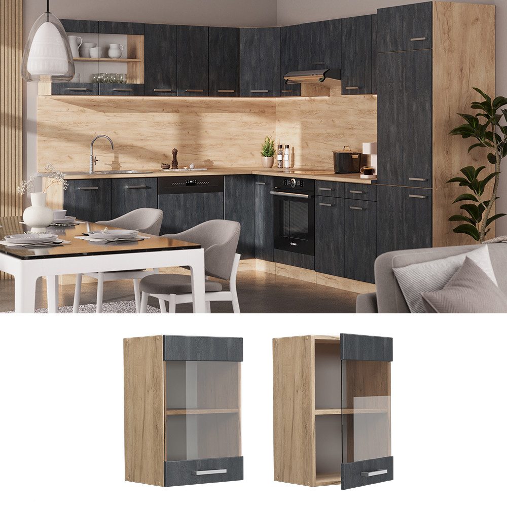 Vicco Glashängeschrank R-Line, Schwarz Beton/Goldkraft Eiche, günstig online kaufen