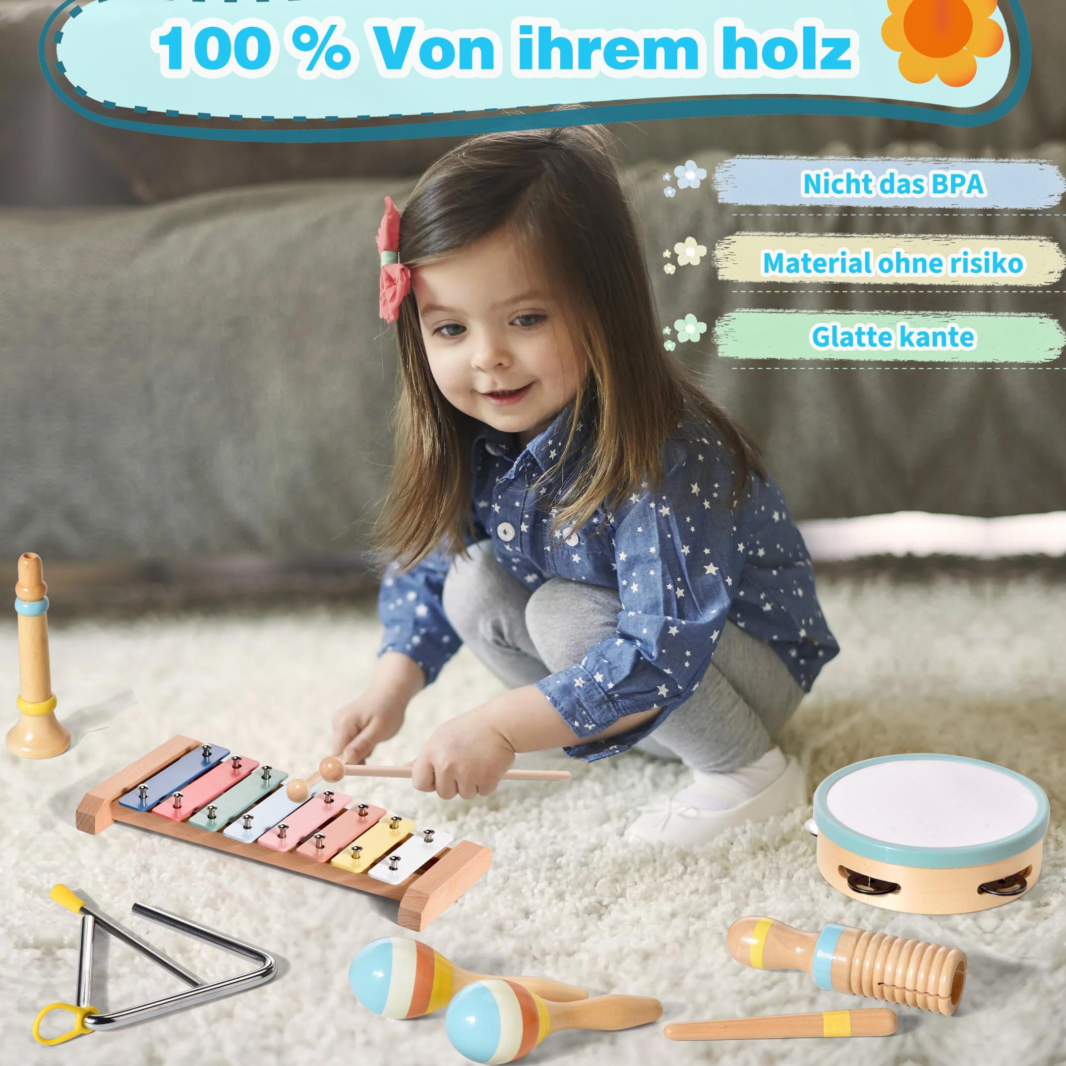 Lzbargon Spielzeug-Musikinstrument Baby Musikinstrumente Montessori-Holzspielzeug für Kleinkinder von 3, 6 in 1 Musikinstrumente Holzspielzeug modernem Boho-Xylophon