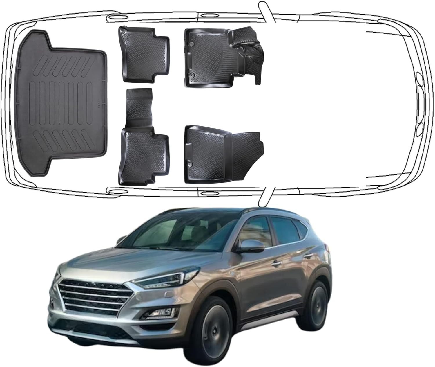 Trimak Passform-Fußmatten Oder Kofferraumwanne Oder Set für Hyundai Tucson, Hyundai Tucson 3. Gen. 2015-2020 Gummimatten Auto & Kofferraummatte