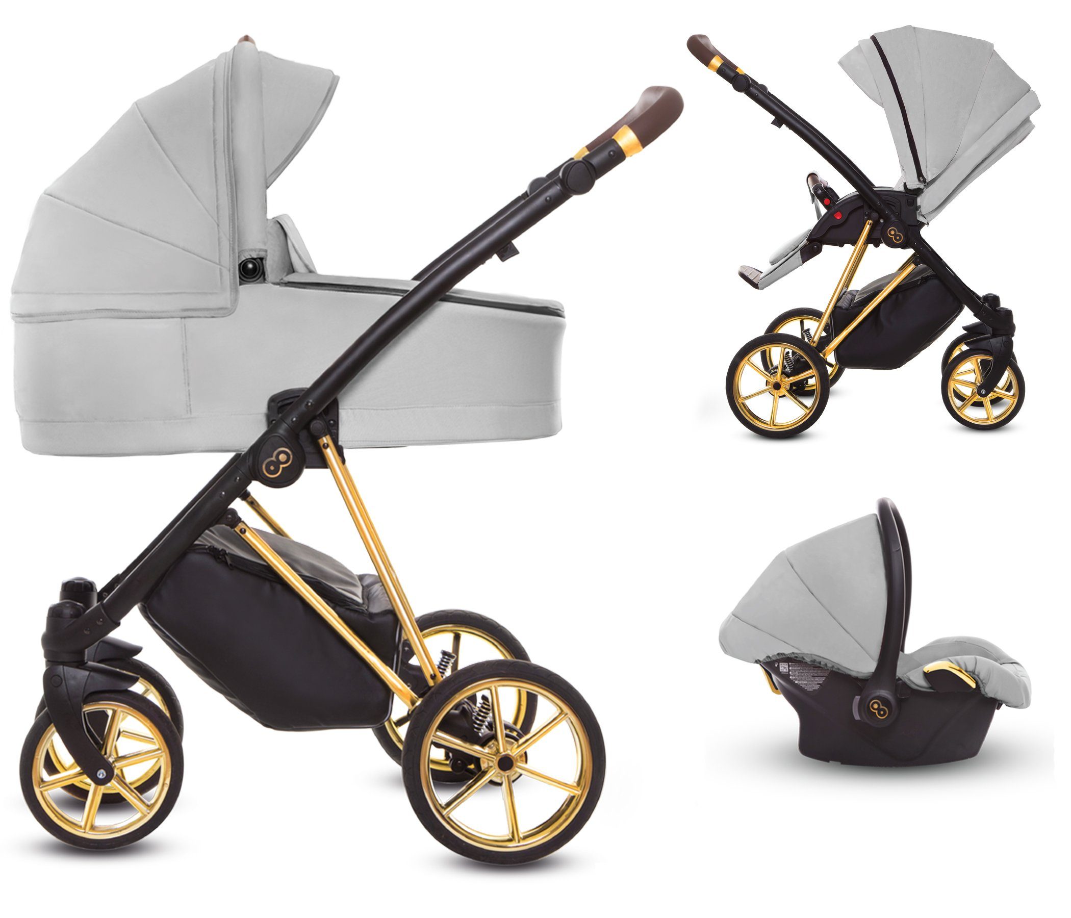 TPFLiving Kombi-Kinderwagen 3 in 1 Musse Ultra, Baby Buggy Babywanne Autositz, großes Zubehör-Set Kinderwagen 3 in 1 Stoff Zen, Gestell Gold